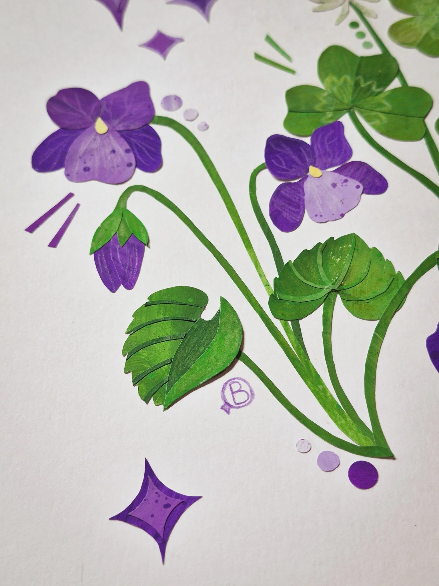 Botanical illustration of purple violets and green clover with whimsical details on a clean white background
