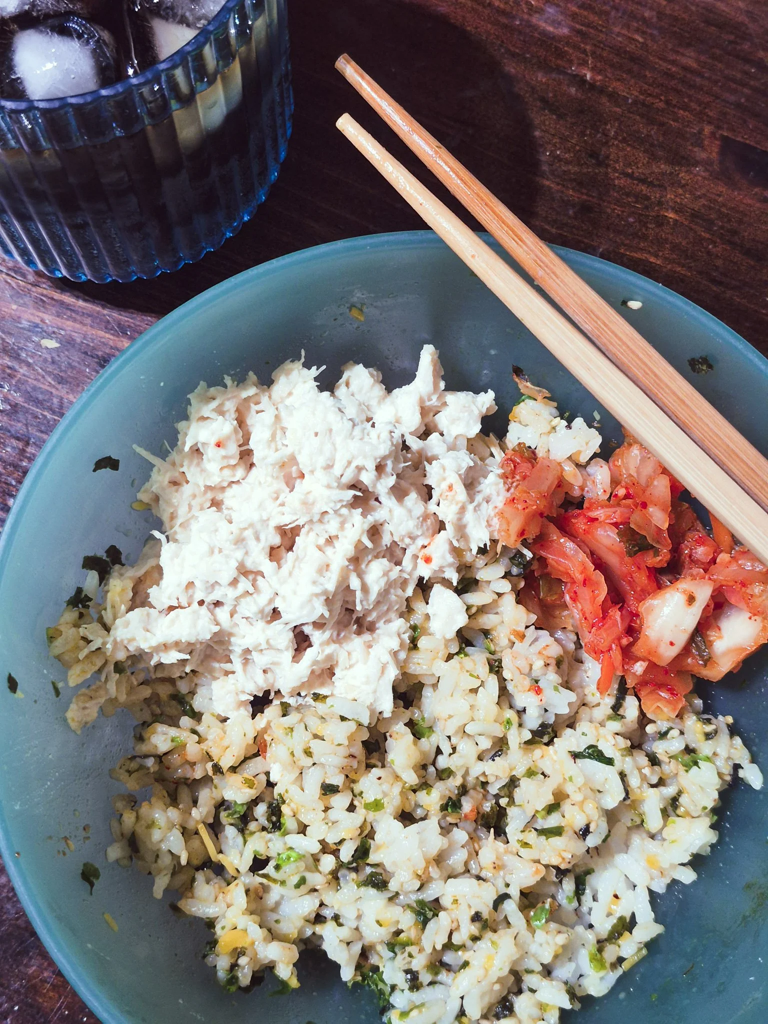 hyperfixation breakfast of sushi rice with kimchi, chicken salad and nori