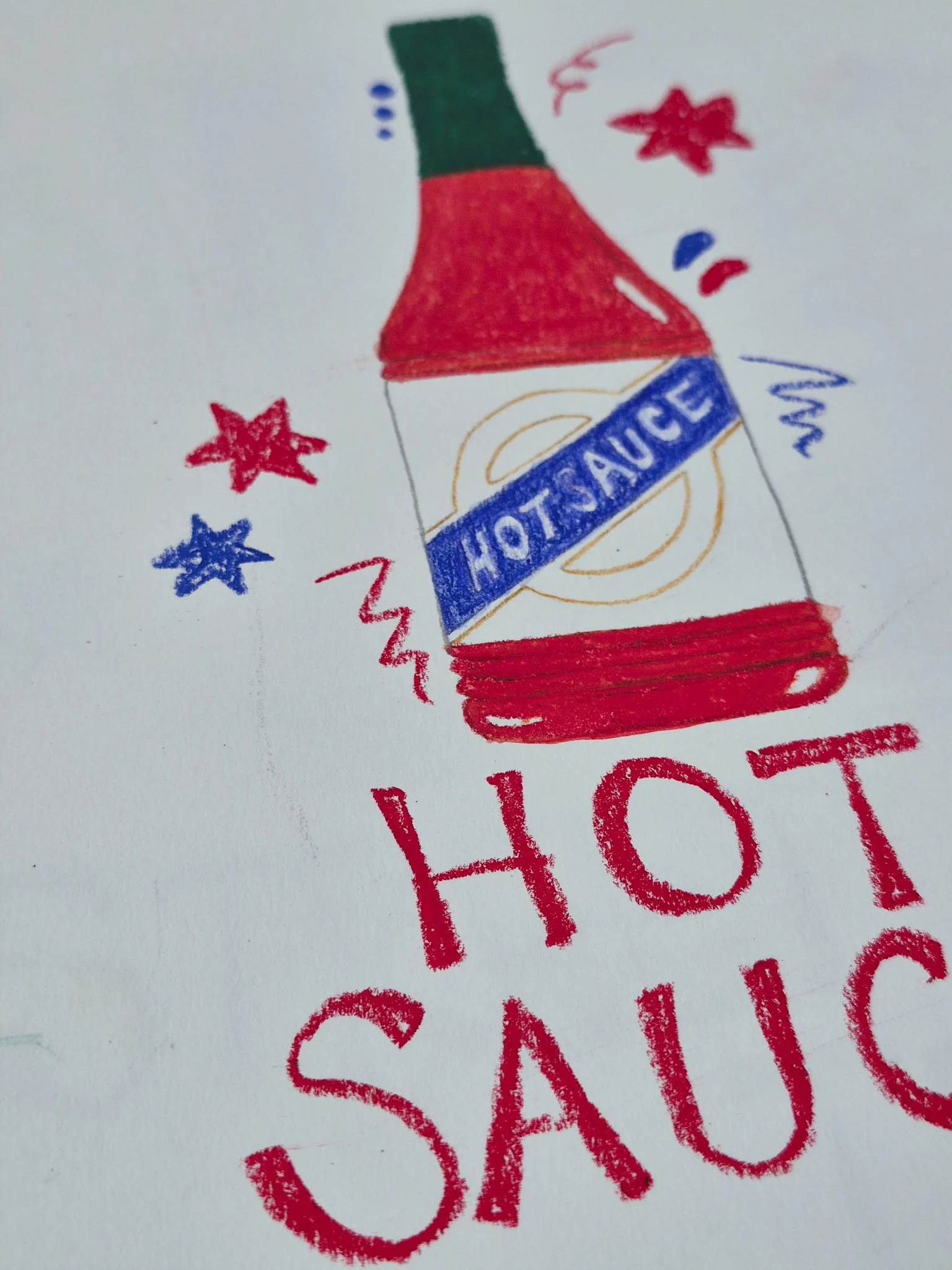 close detail of hot sauce bottle illustration using water pastels