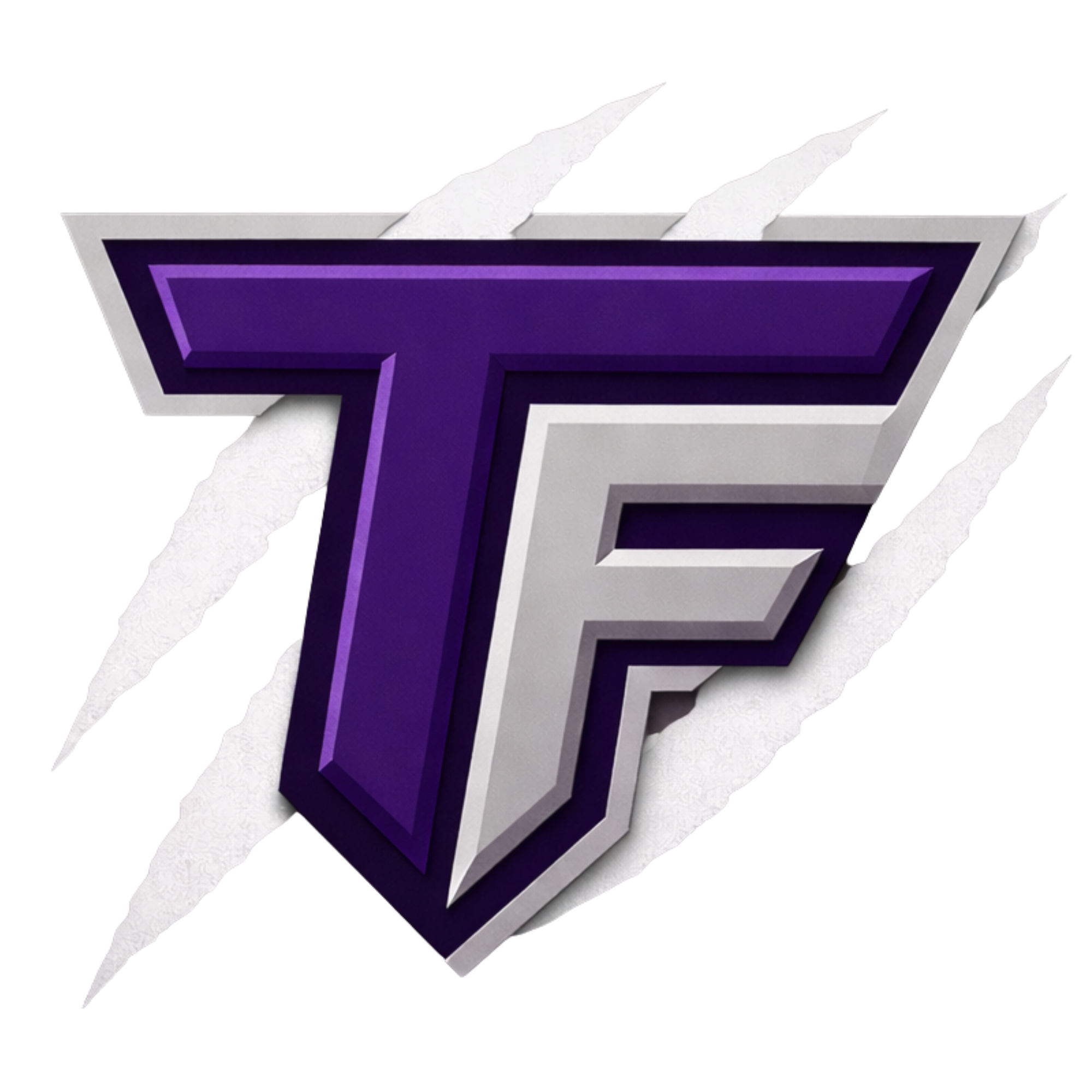 A stylized logo with the letters 'TF' in purple and silver, with torn paper effect and claw marks, on a black background.