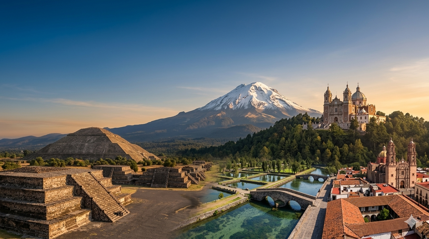 Montaña nevada con iglesias barrocas y pirámide antigua en primer plano, río y arquitectura colonial en un paisaje de día soleado.