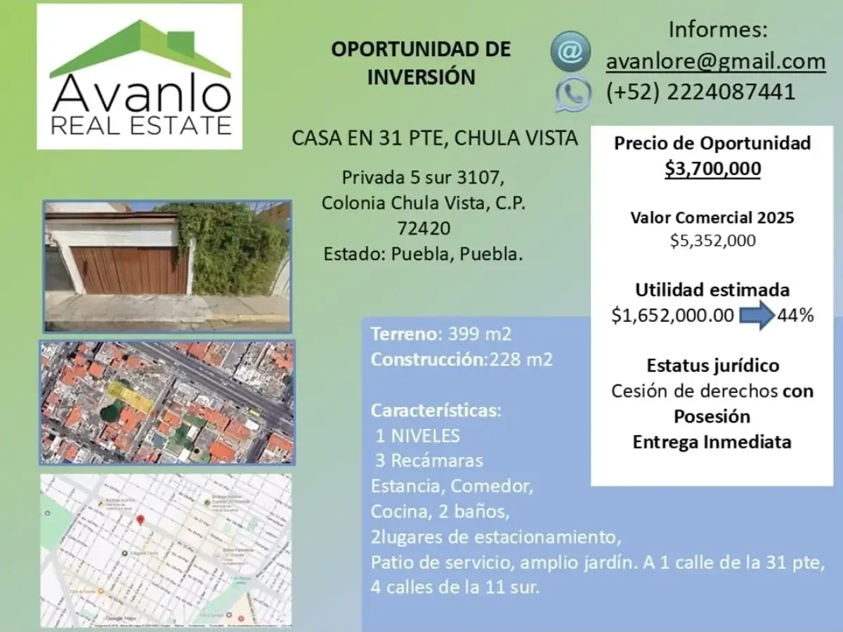 Información para una propiedad en venta en Chula Vista, Puebla. Incluye fotos, precio, tamaño del terreno y construcción, características, y detalles de contacto de la agencia inmobiliaria Avanlo Real Estate.