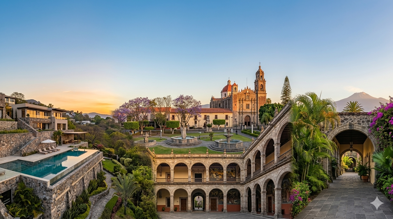 Vista de un edificio histórico con arcos, jardines, una iglesia en el fondo y un volcán a la distancia, durante el atardecer en un lugar tropical.