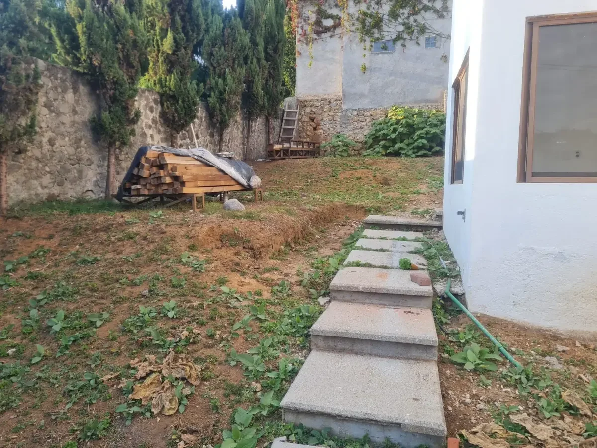 Jardín con camino de losas de cemento y plantas verdes, cerca de una casa blanca con ventanas, en el fondo hay una pila de madera y un muro de piedra, con árboles y vegetación.