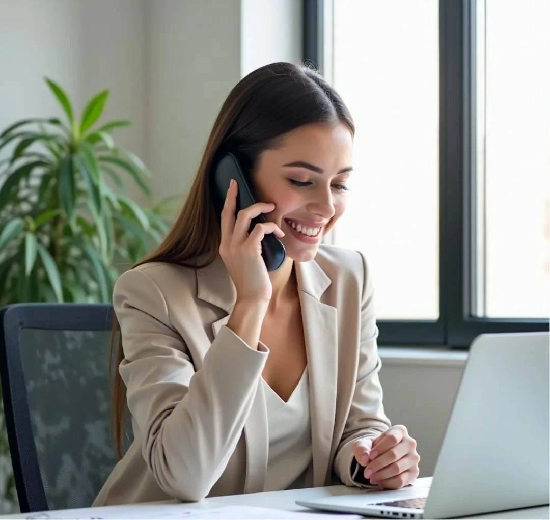 Mujer sonriendo hablando por teléfono en oficina con laptop y planta en el fondo.
