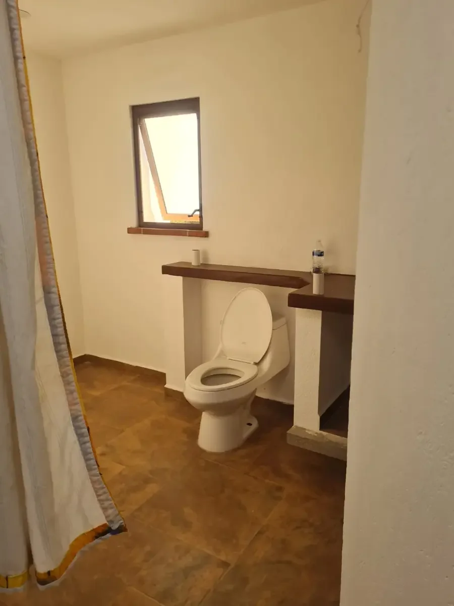 Baño con inodoro, ventana y repisas de madera en paredes blancas.