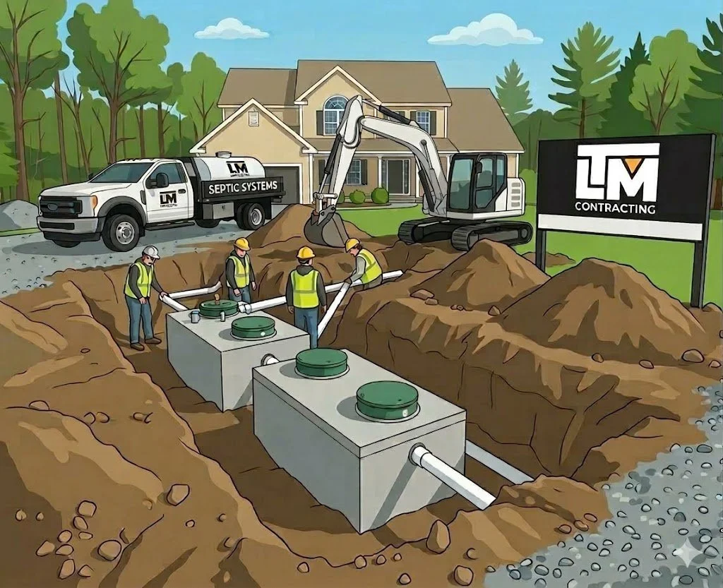 Workers installing septic system pipes and tanks in front of a house with trees in the background, with a septic systems truck and an excavator nearby.