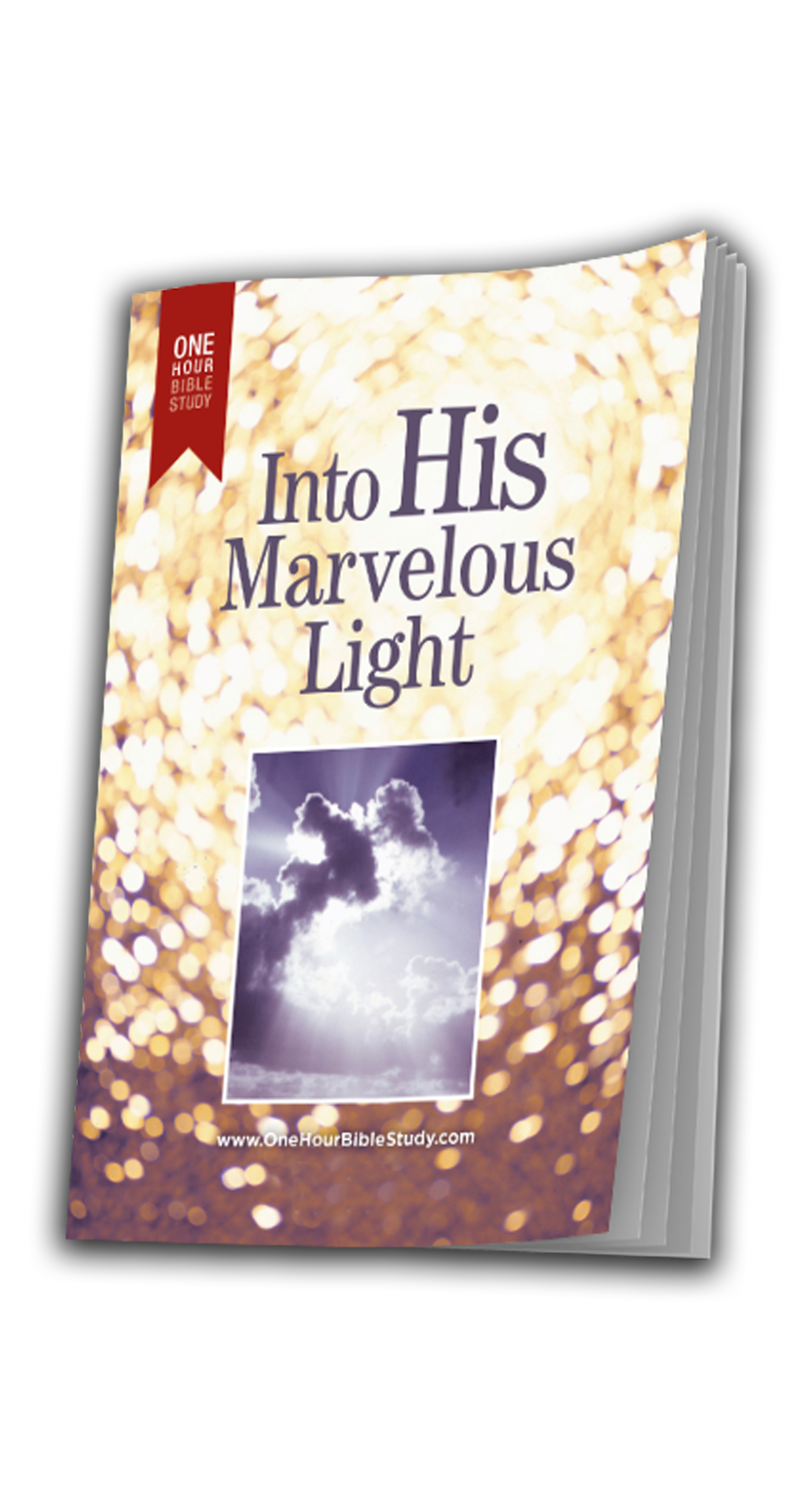 Book cover titled "Into His Marvelous Light" with a background of bokeh lights and a black-and-white photo of clouds and sunlight.