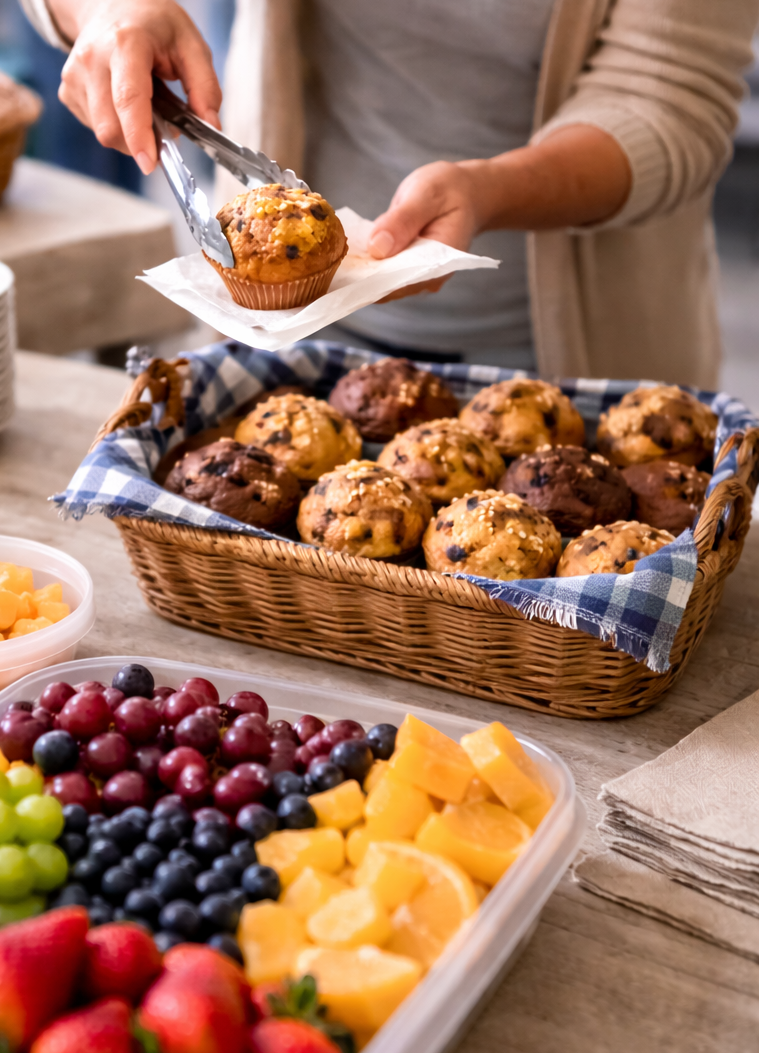 Person using tongs to pick a muffin from a basket filled with chocolate chip and blueberry muffins, surrounded by trays of fresh fruit including strawberries, grapes, oranges, and melons.