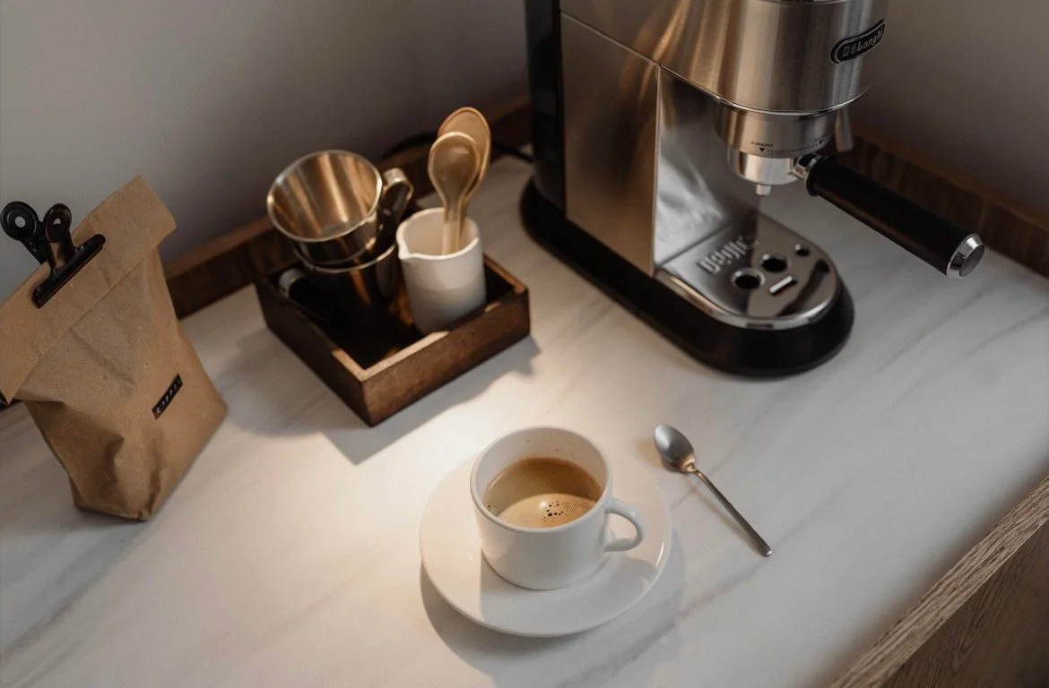 cup of coffee on marble counter with small bag of coffee beans and coffee maker