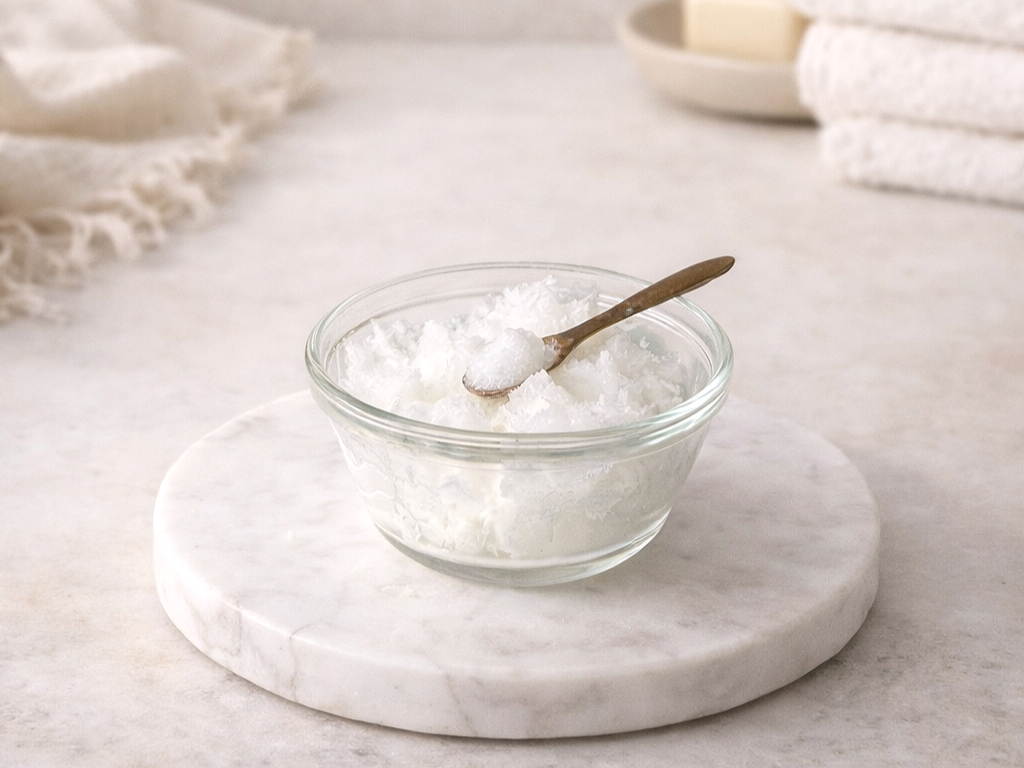 Cocunut oil in a glass bowl with a small spoon
