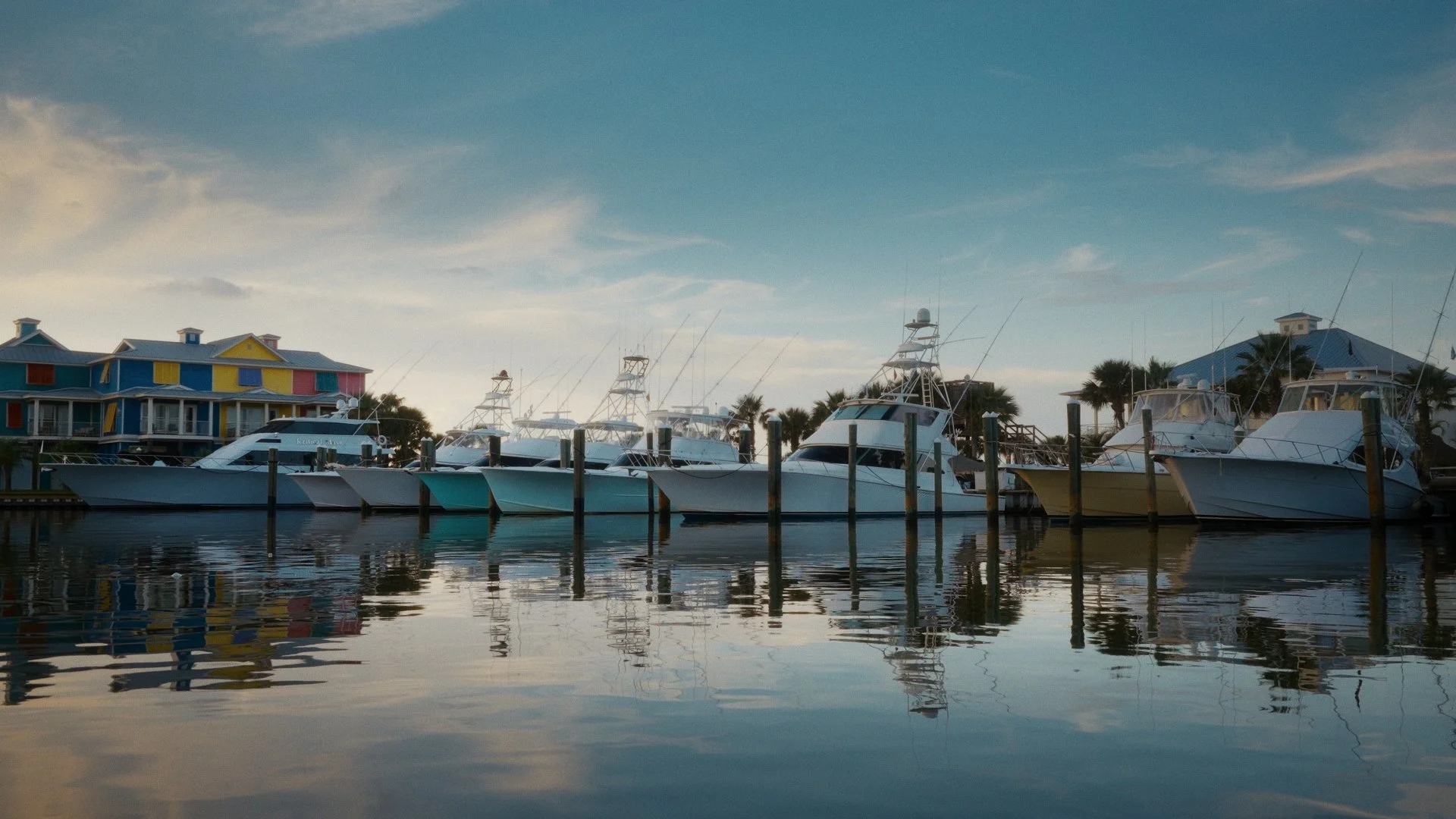 A marina with several yachts moored, colorful building with a blue roof and windows, palm trees, and a partly cloudy sky reflected in the water.