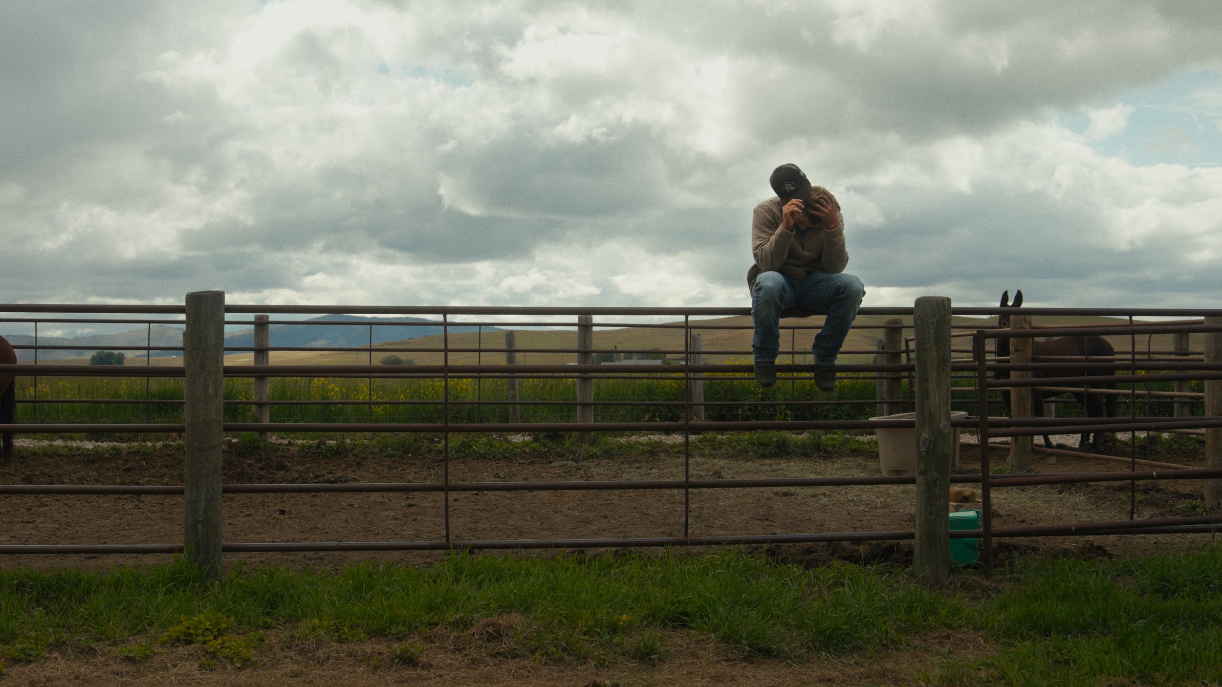 A person sitting on a fence at a farm or ranch, holding their head in their hands. There is a donkey nearby, and the sky is cloudy.