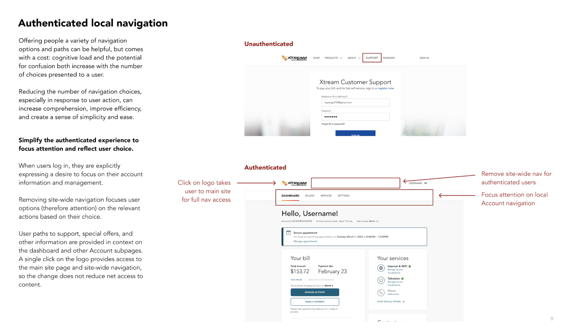Annotated mockup of optimized local navigation