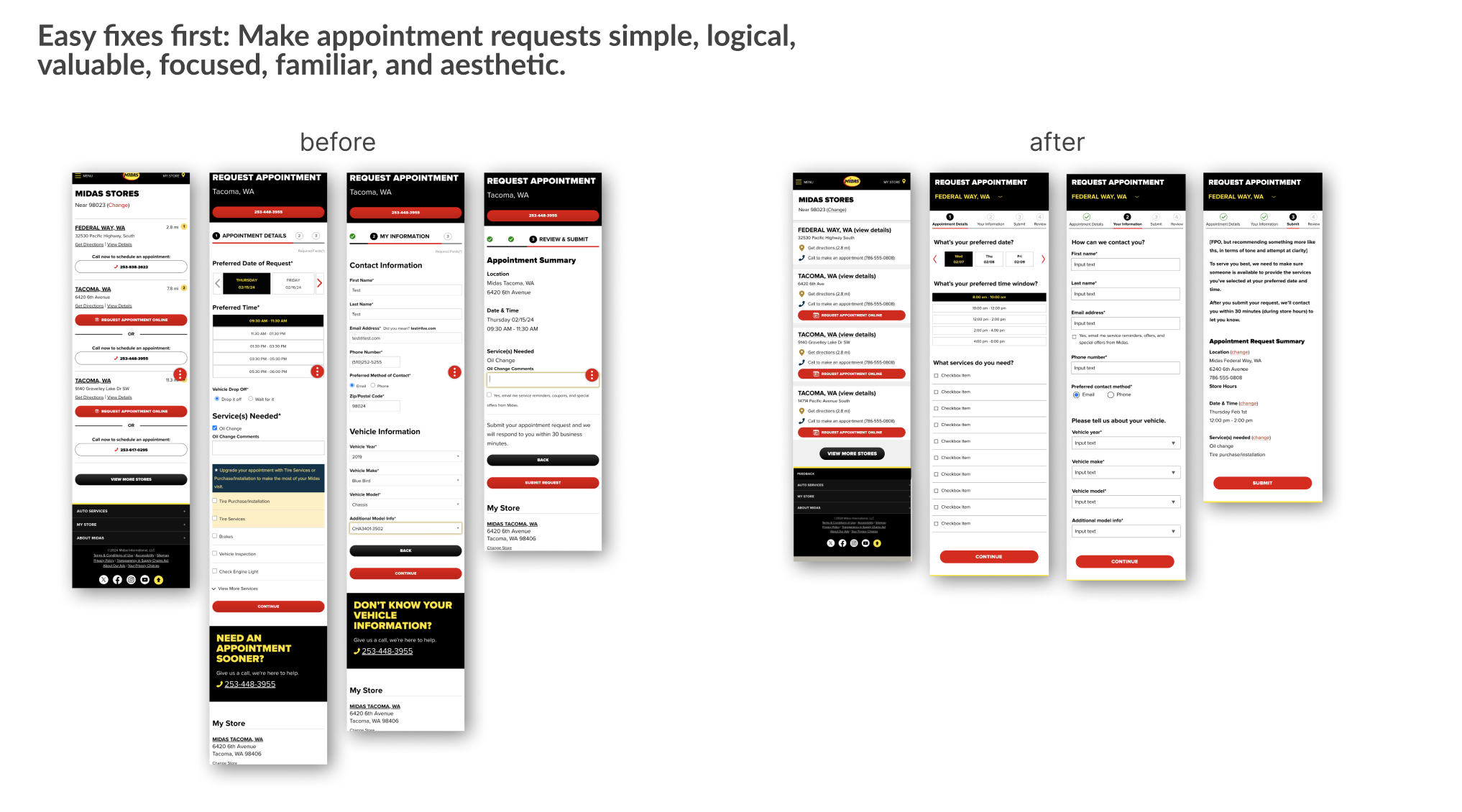 Before-and-after mockups of the mobile appointment request screens