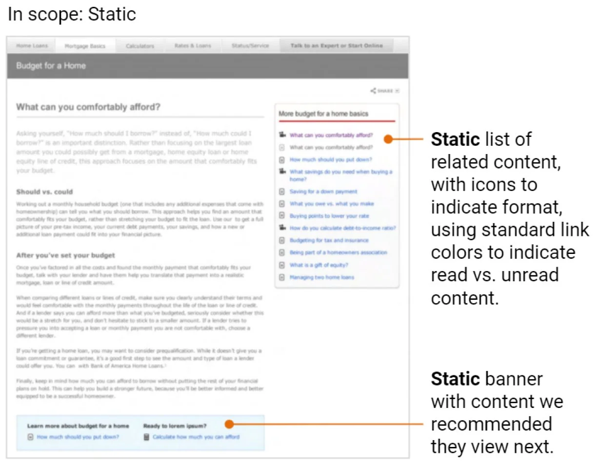 Annotated mockup of static contextual navigation concept