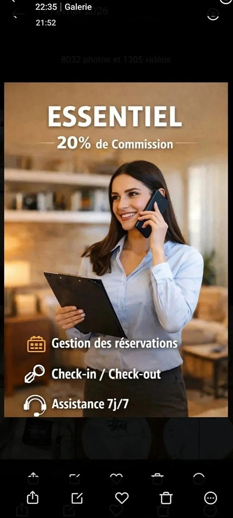 Affiche publicitaire pour un service appelé « ESSENTIEL » avec une commission de 20 %. Les principaux services mis en avant sont la gestion  des réservations, l'enregistrement et le départ, ainsi qu'une assistance 24 h/24 et 7 j/7.