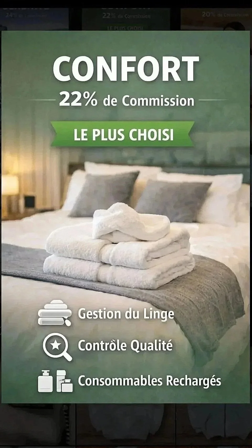 Le texte met en avant le confort, une commission de 22 % et des options pour la gestion du linge, le contrôle qualité et les consommables rechargeables.
