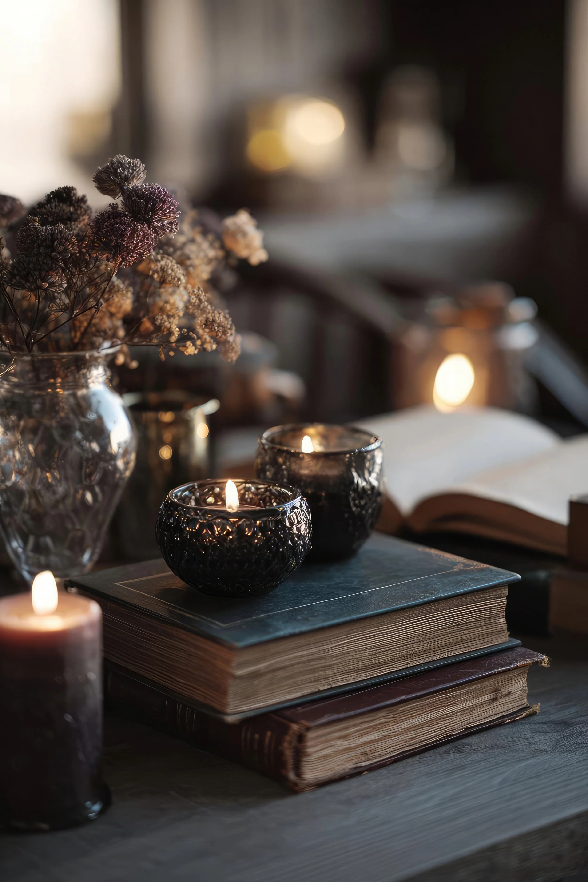 A cozy still-life with vintage books, lit glass candle holders, and dried flowers in a vase on a dim wooden table.,Concept Cozy vintage still-life with books