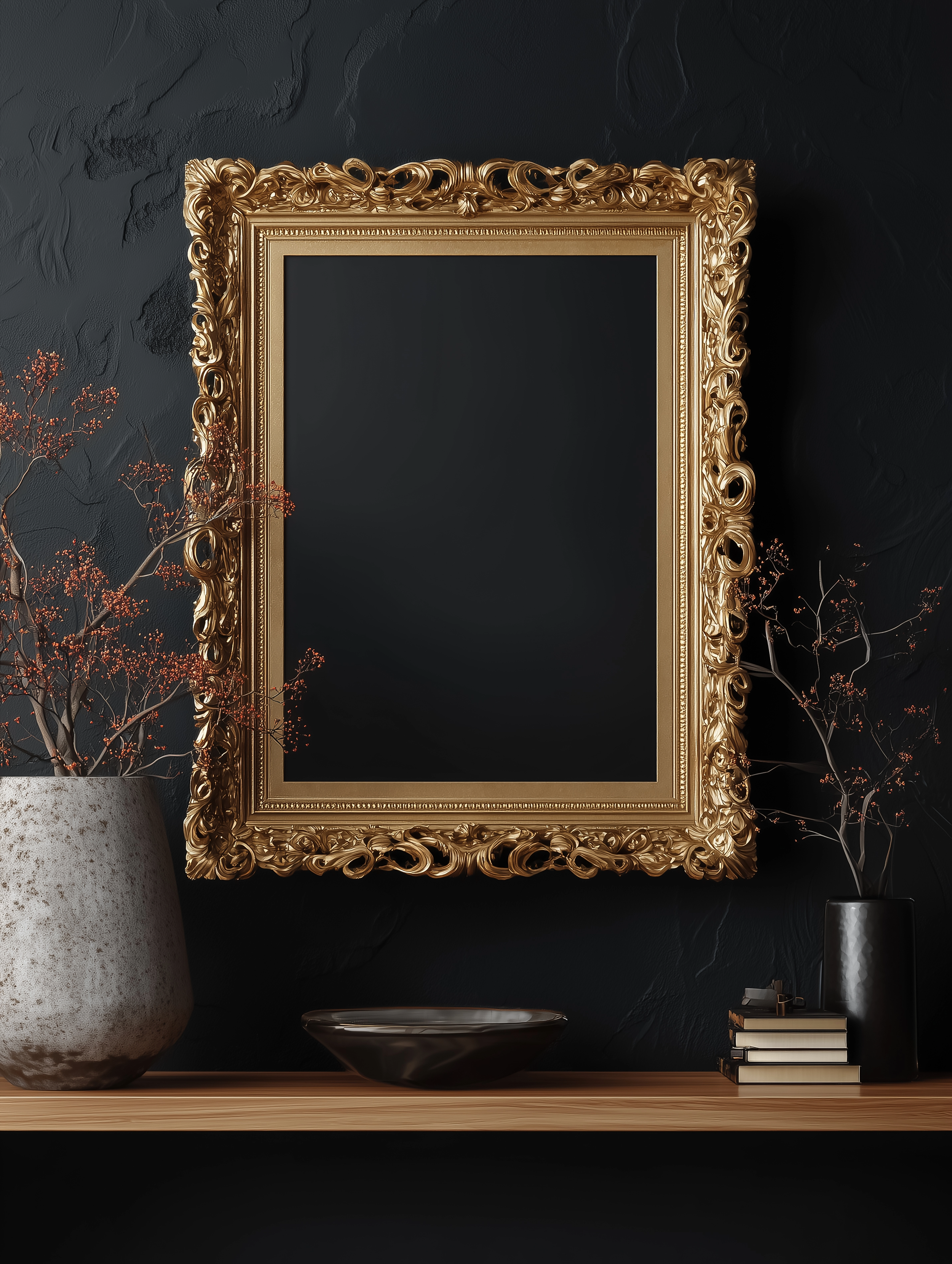 Golden ornate frame mockup hanging on dark wall with home decoration