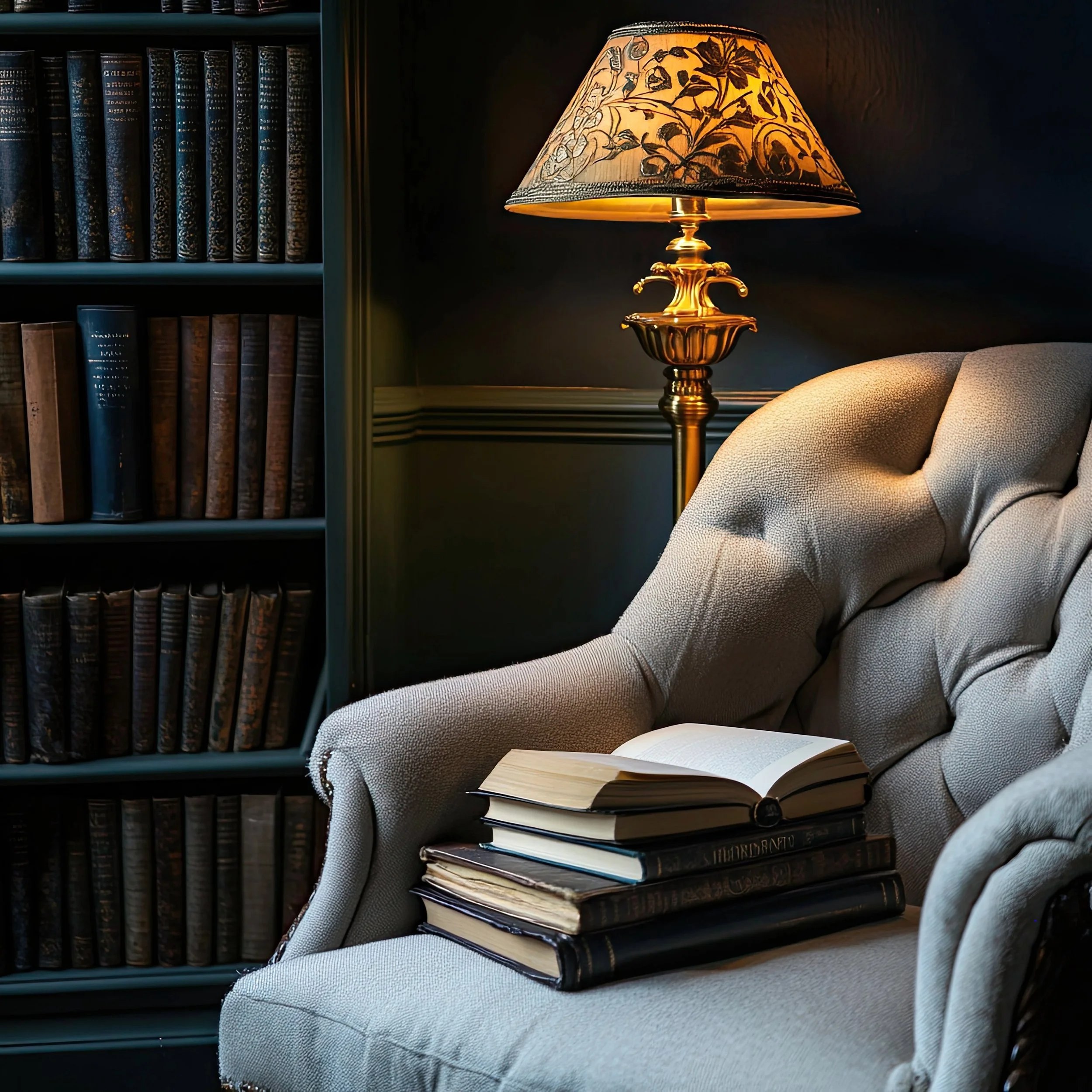 A vintage brass lamp with an ornate base illuminating a cozy reading corner with a stack of books on a soft armchair