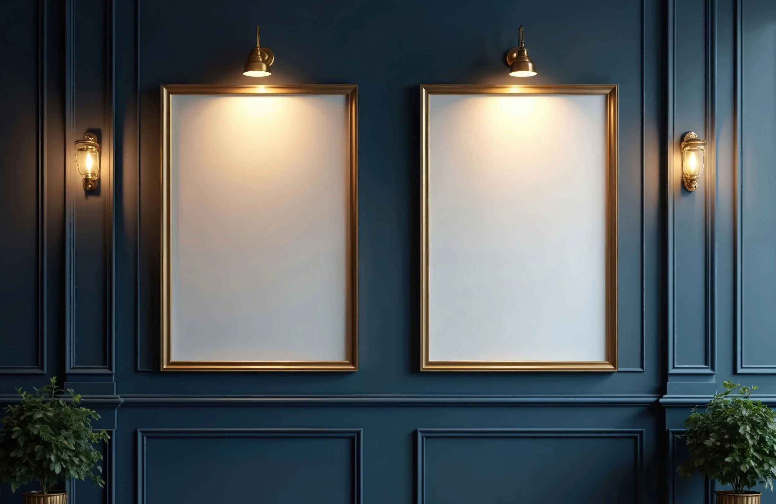 Two empty gold picture frames hang on dark blue paneled wall with classic molding details, ornate decor.,Spotlights illuminate frames for art display.,Decorative wall sconce lights, green plants