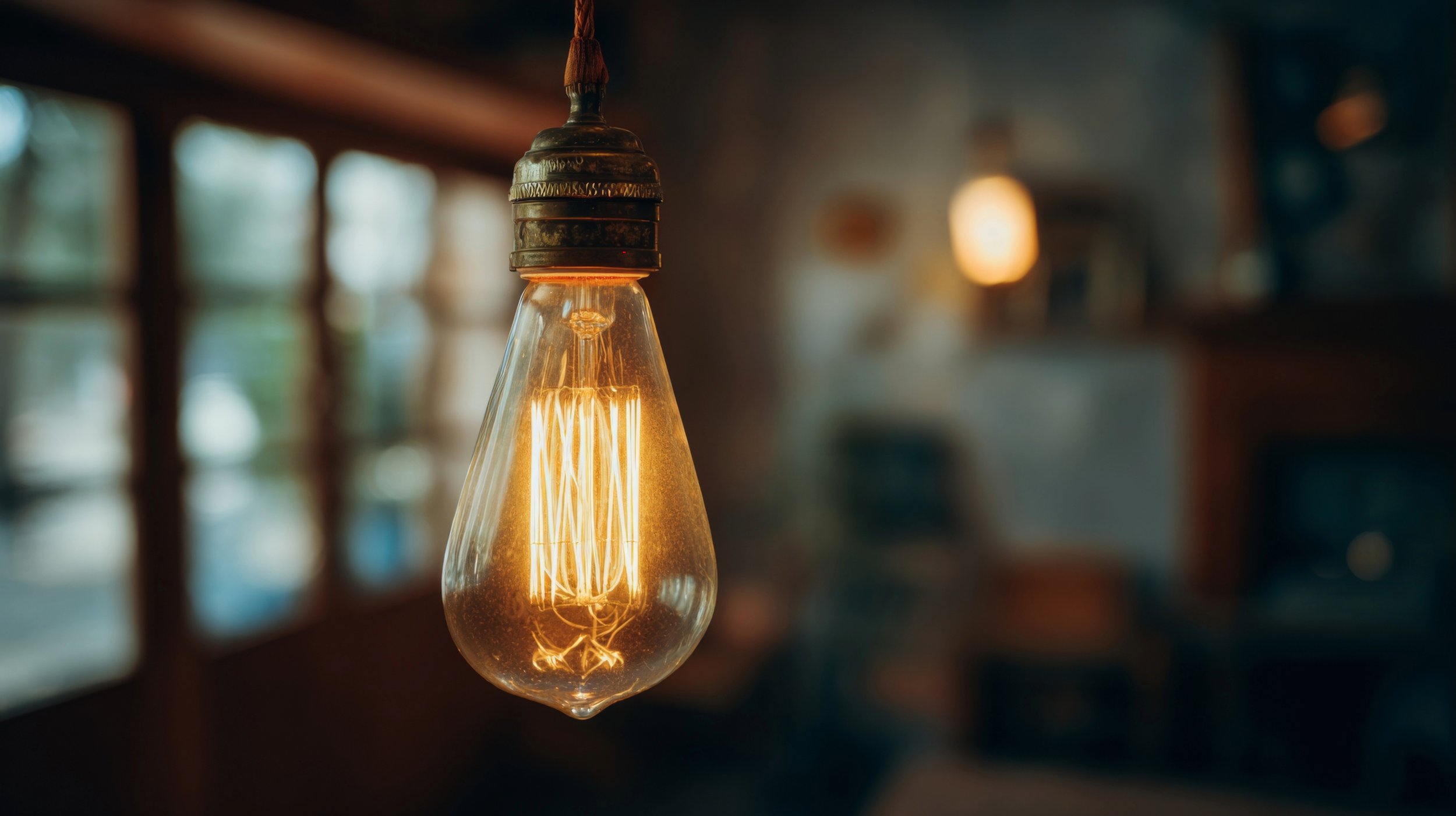 Vintage Edison bulb illuminating a warm interior in a cozy cafe, creating a soft glow and inviting atmosphere for relaxation and social gatherings