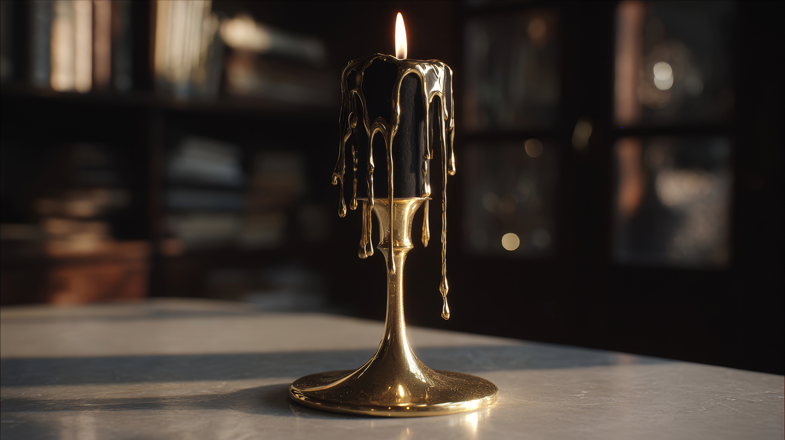 Sleek brass candle holder with melted wax drips.,Cozy dark interior