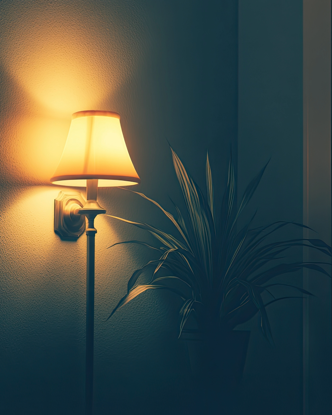 Warm wall lamp illuminates a dark room with a plant Soft light casts a gentle glow on the wall and a nearby potted plant