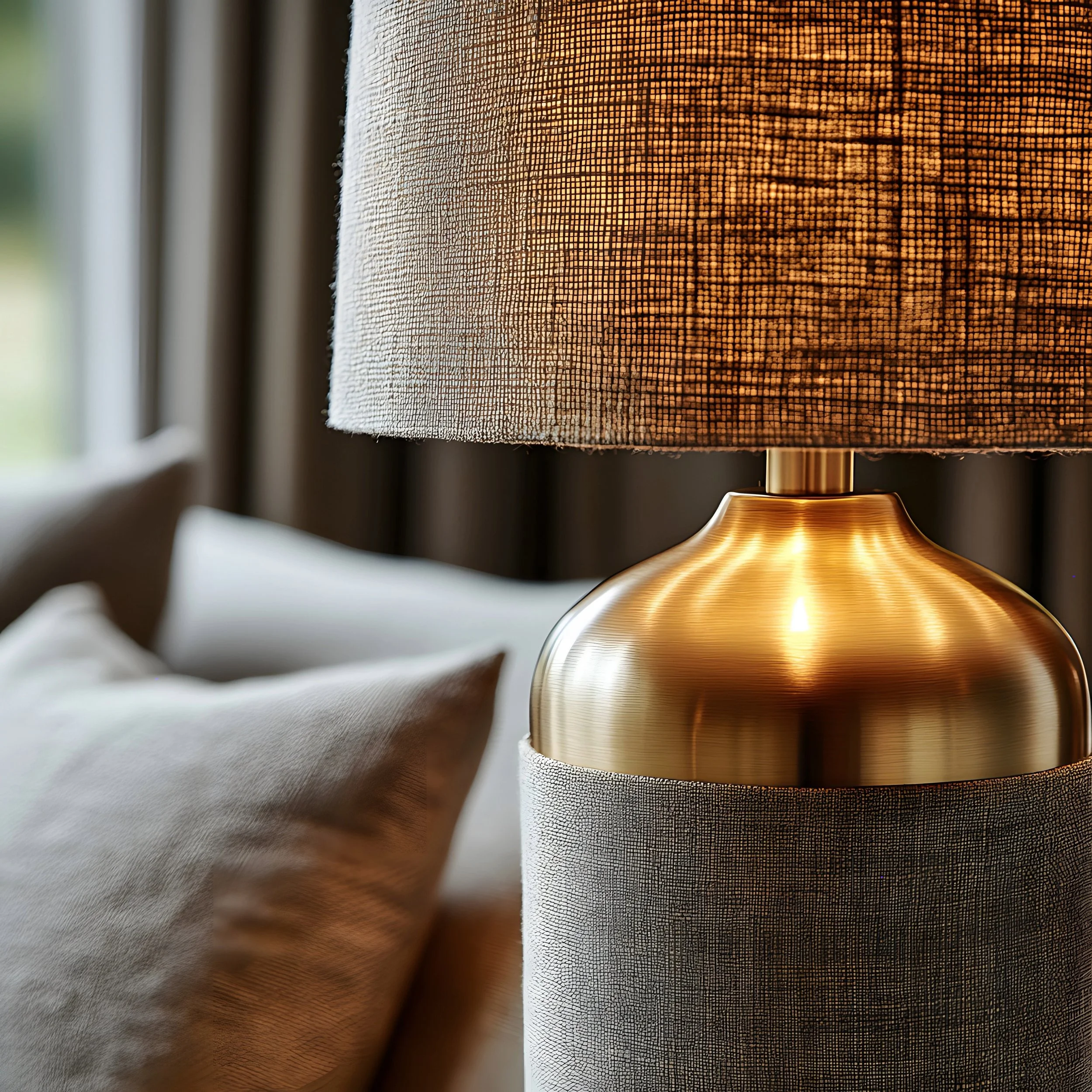 Close-up of a light beige linen lampshade, brass base, and beige linen sofa