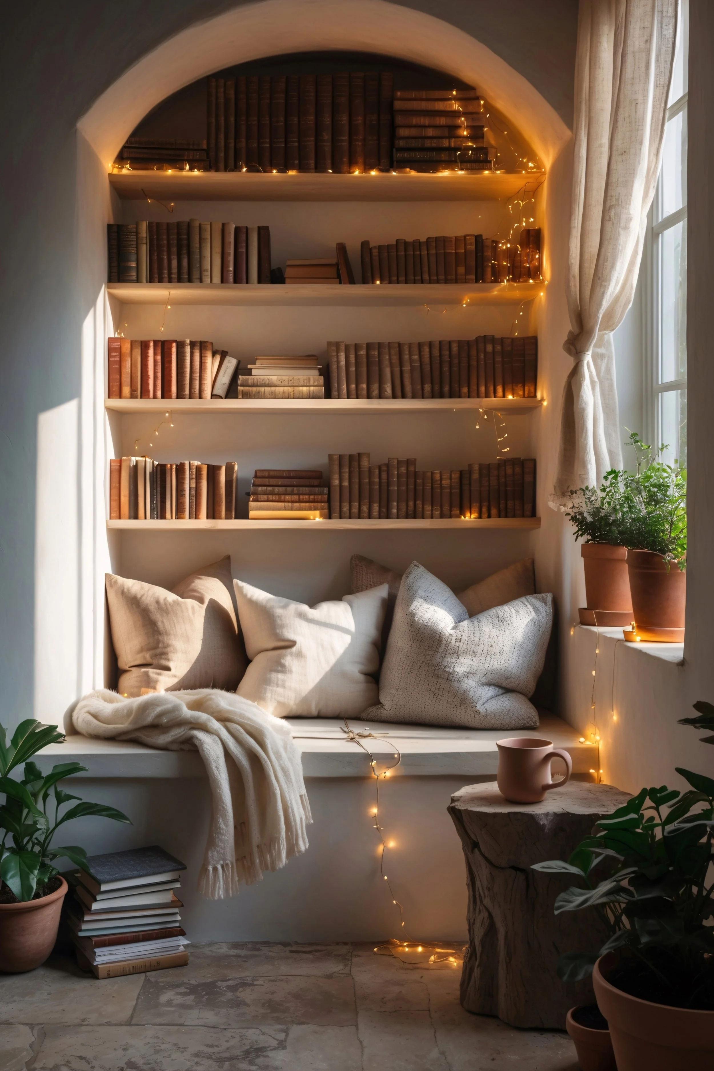 Inviting reading nook under window with warm tones comfy blanket soft light quiet setting surrounded by well loved books and relaxing charm Wallpaper Background Interior Design