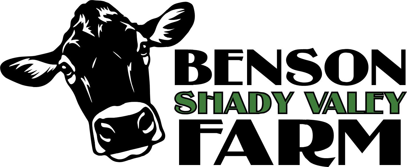 Logo of Benson Shady Valley Farm featuring a black and white cow's head and farm name in black and green text.