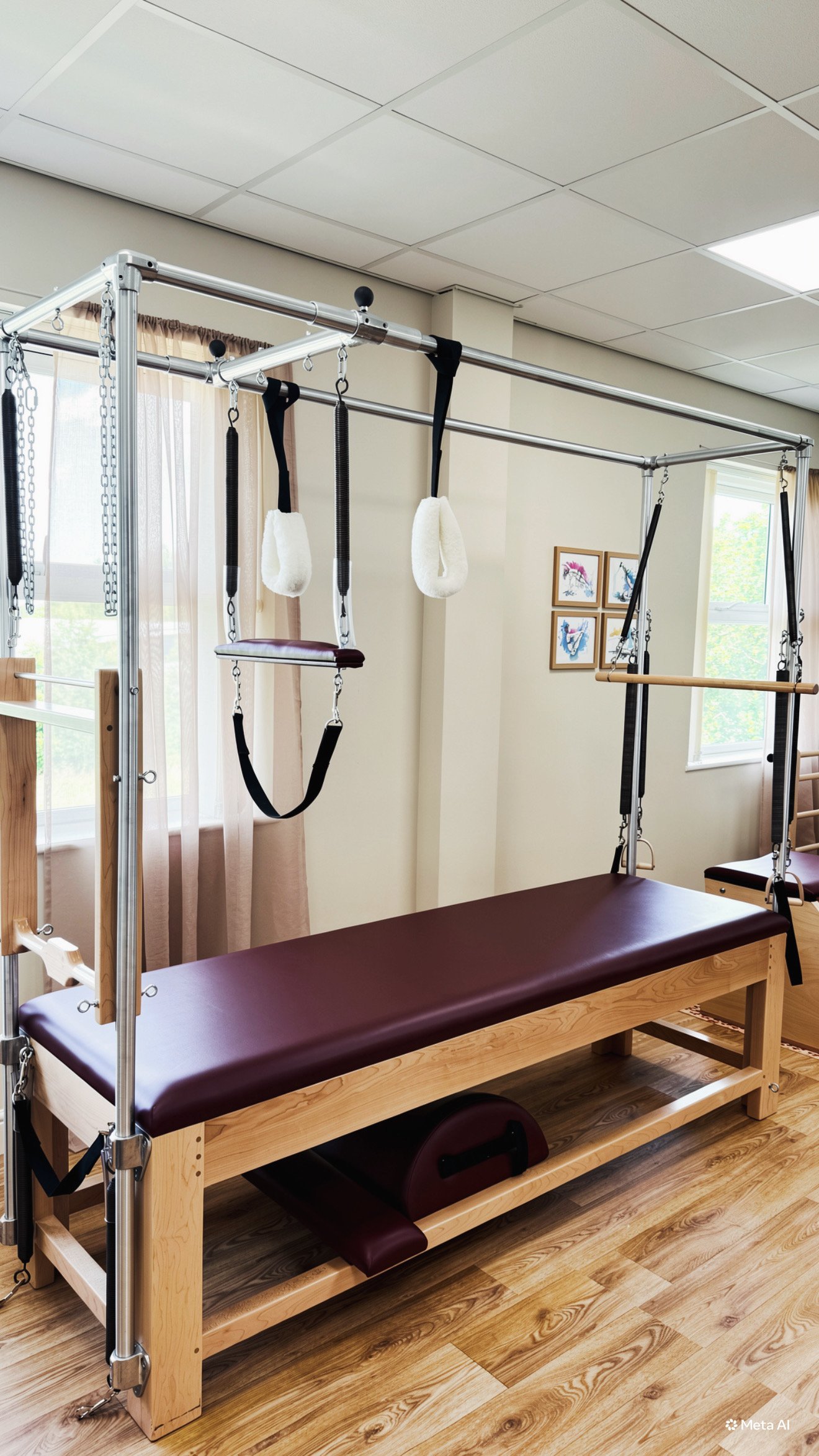 Classical Pilates Cadillac with resistance springs, push through bar, trapeze and straps at FUNLAYO Pilates studio.