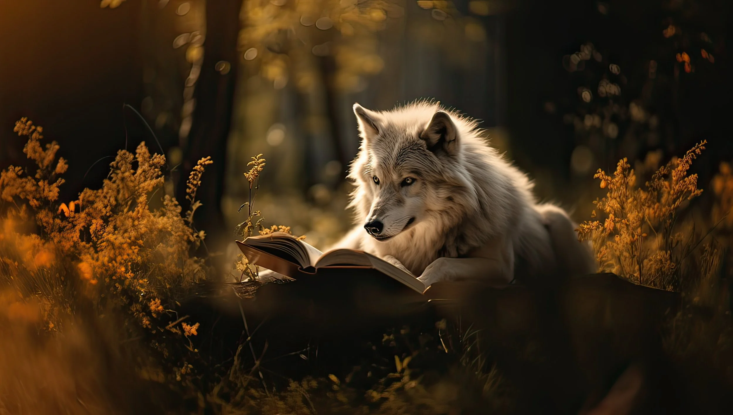 A wolf lying down in a forest clearing, reading an open book surrounded by yellow-orange wildflowers, with warm sunlight filtering through trees in the background.