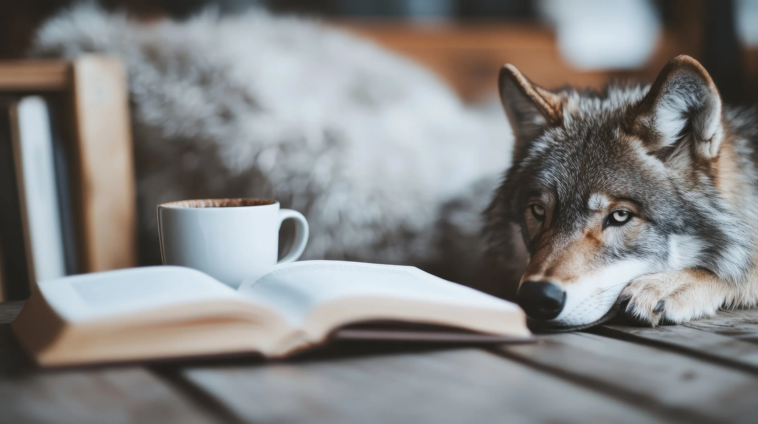 A wolf lying on a wooden table next to an open book and a white mug in a cozy setting.