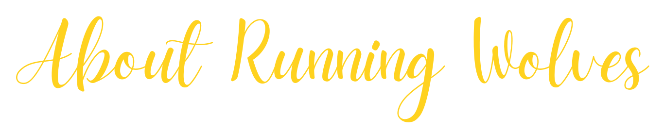 Text reads 'About Running Wolves' in yellow cursive font on black background.