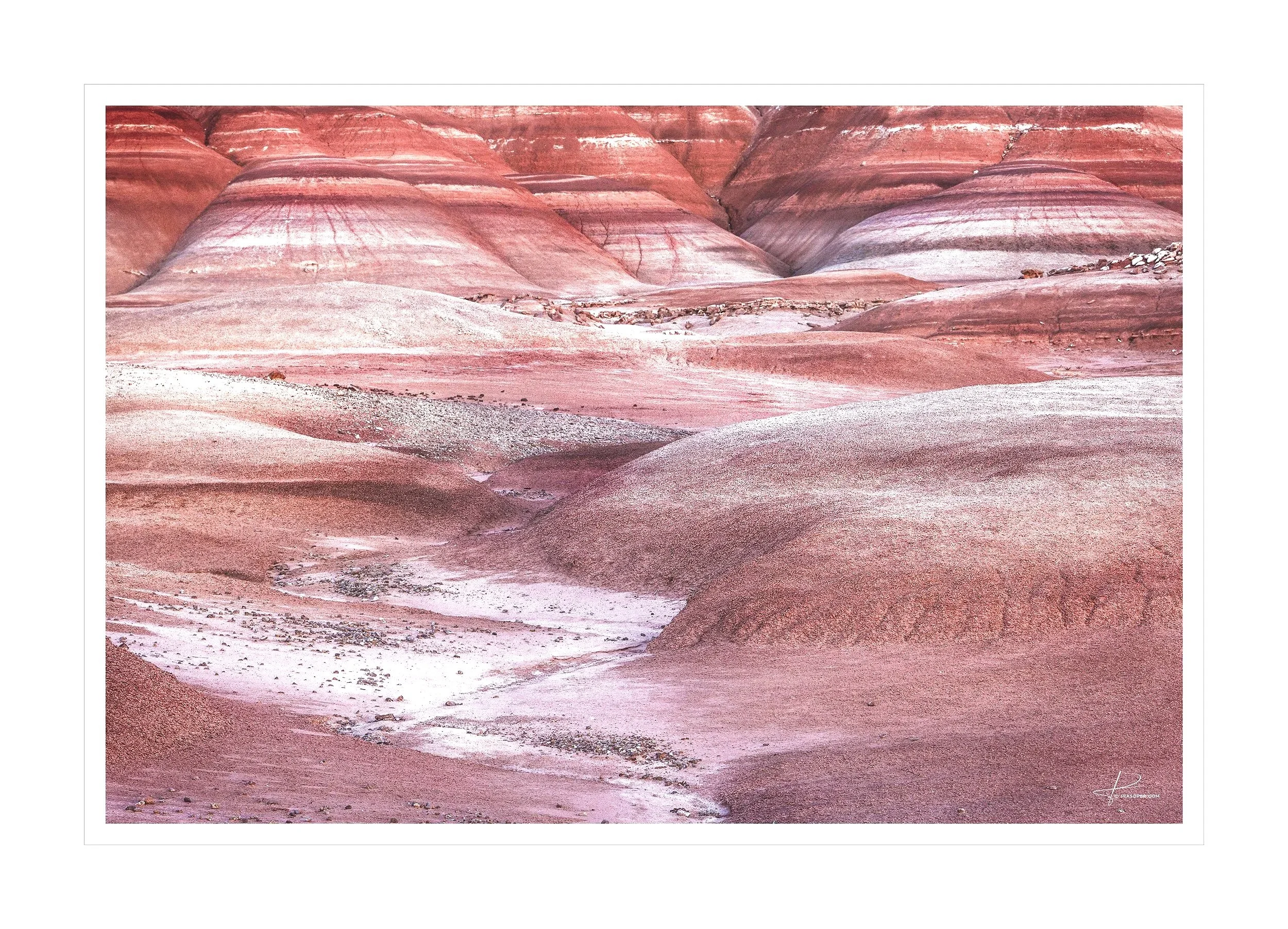 Mounds of red and white layers of clay with a rivulet stream draining seasonal water. Layers and ice cream cones. Bentonite clay Hills in Capitol Reef National Park. Pia Soper Photography. Copyright Pia Soper