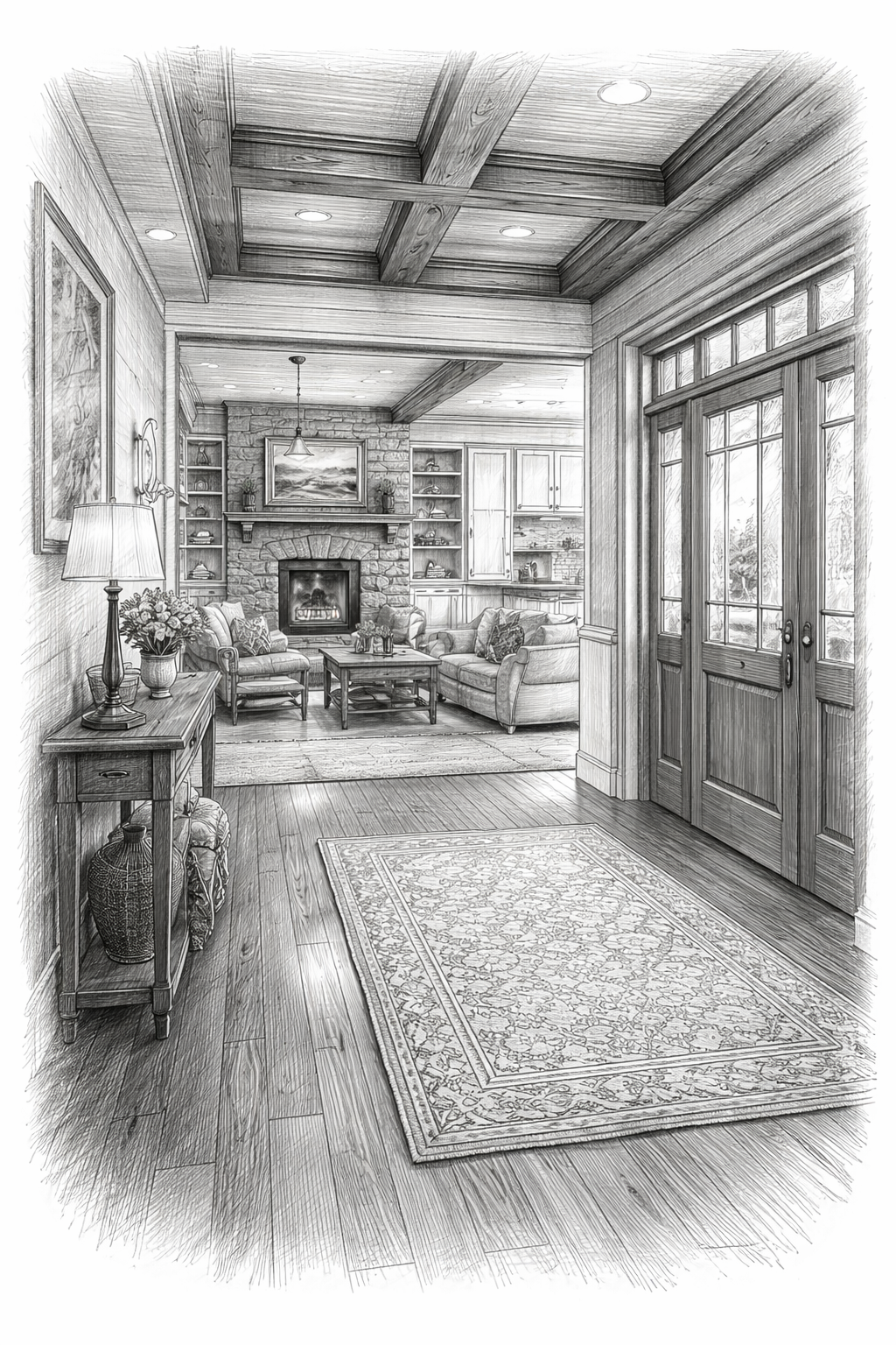 A black-and-white sketch of a cozy living room with wooden floors, a patterned rug, a double door, a fireplace, and a seating area with armchairs and a sofa, decorated with framed art and plants.