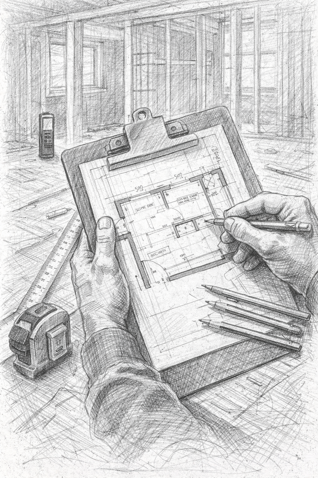 A detailed pencil sketch of an architect drawing floor plans on a clipboard, with tools like a measuring tape, pens, pencils, and a ruler on a desk, in a construction or architectural setting.