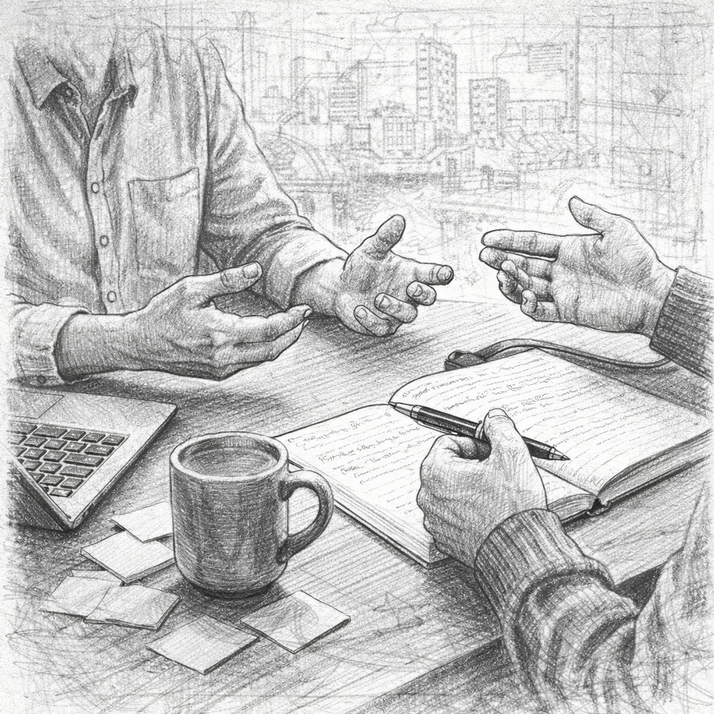 Sketch of two people having a discussion at a table, with one gesturing with hands, a notebook, pen, coffee mug, and laptop, with a cityscape in the background.