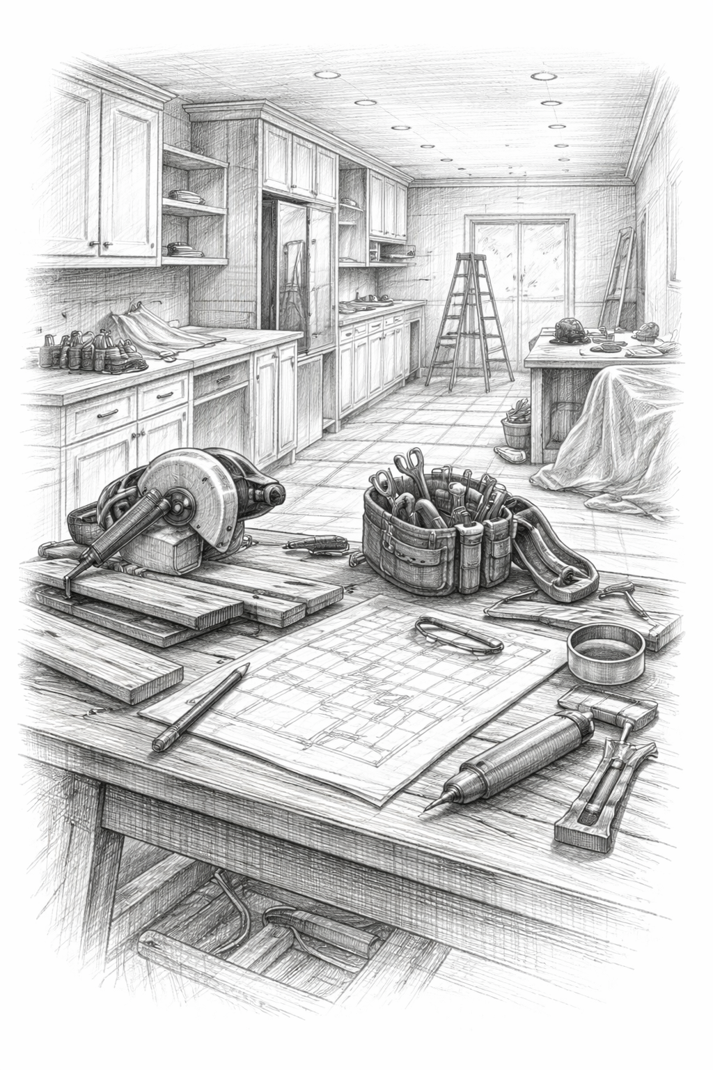 A sketch of a kitchen undergoing renovation with tools and equipment, including a circular saw, drill, scissors, and a toolbox on a workbench, with ladders and covered furniture in the background.