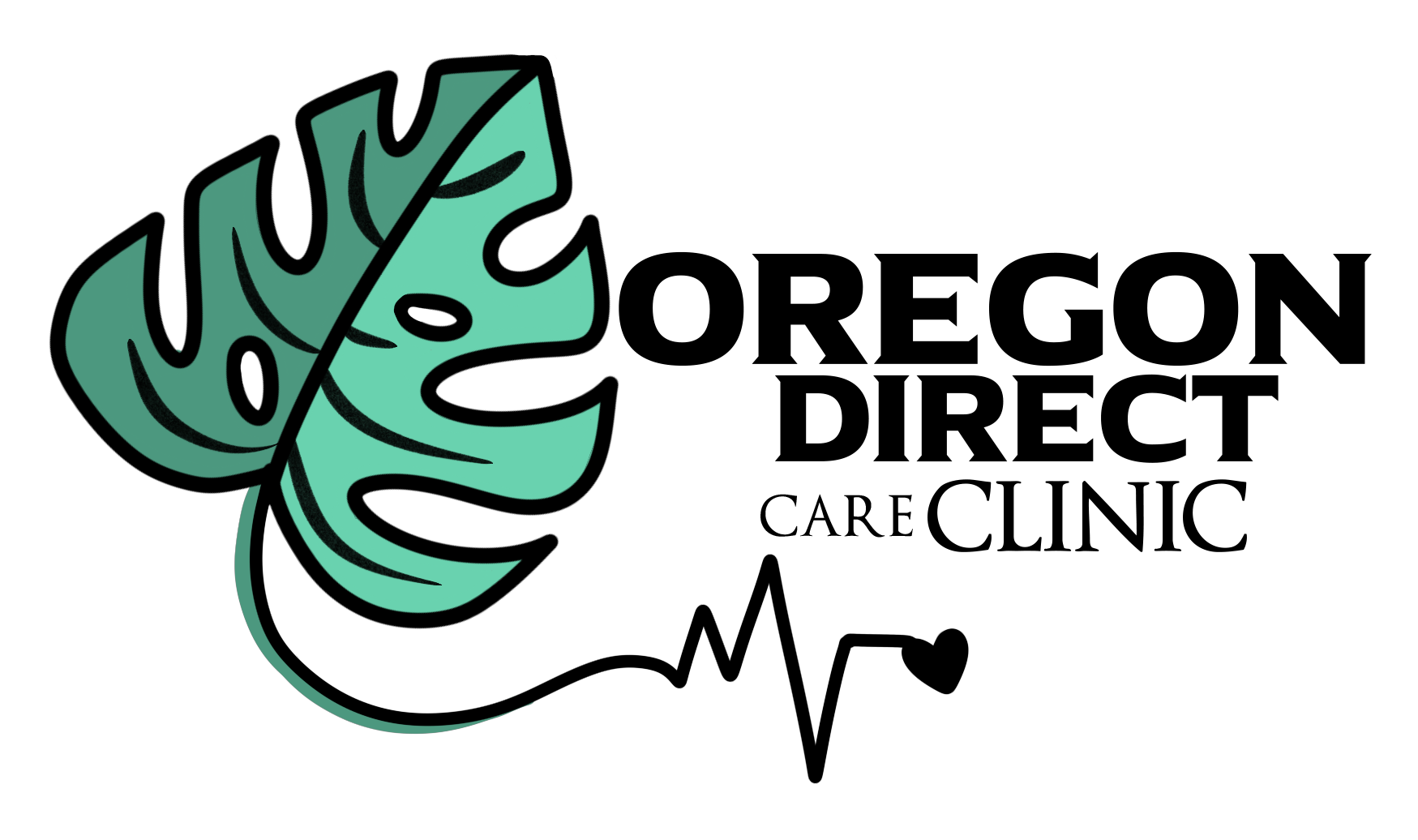 A stylized illustration of a monstera plant leaf with green and black coloring.