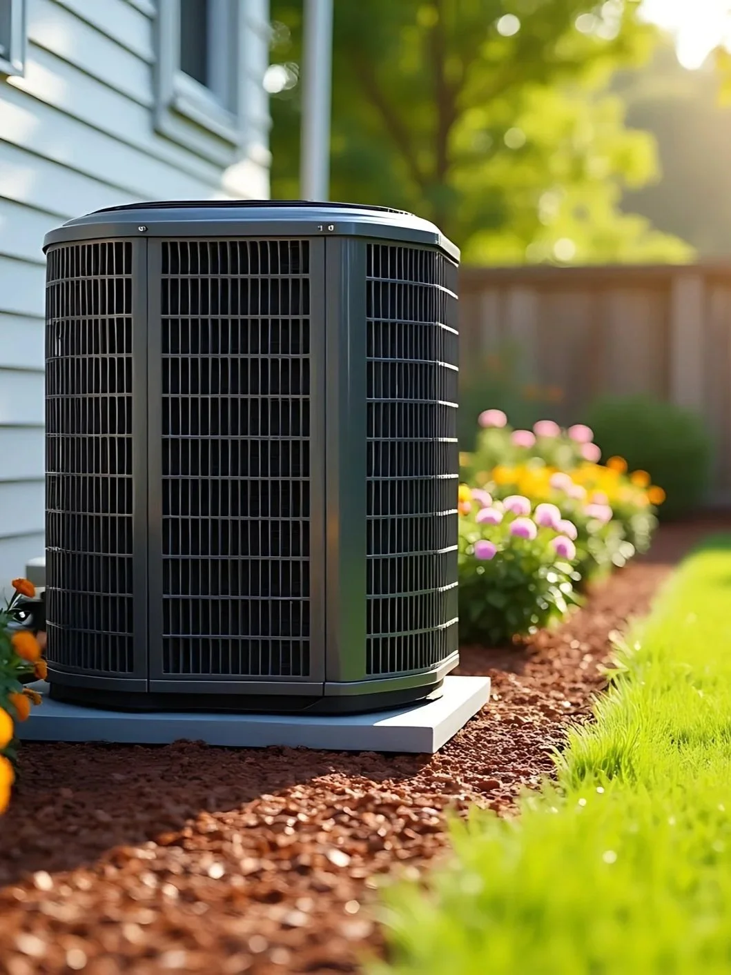 Close-up of a black air conditioning unit outside near a house, with a garden and colorful flowers in the background in sunlight.