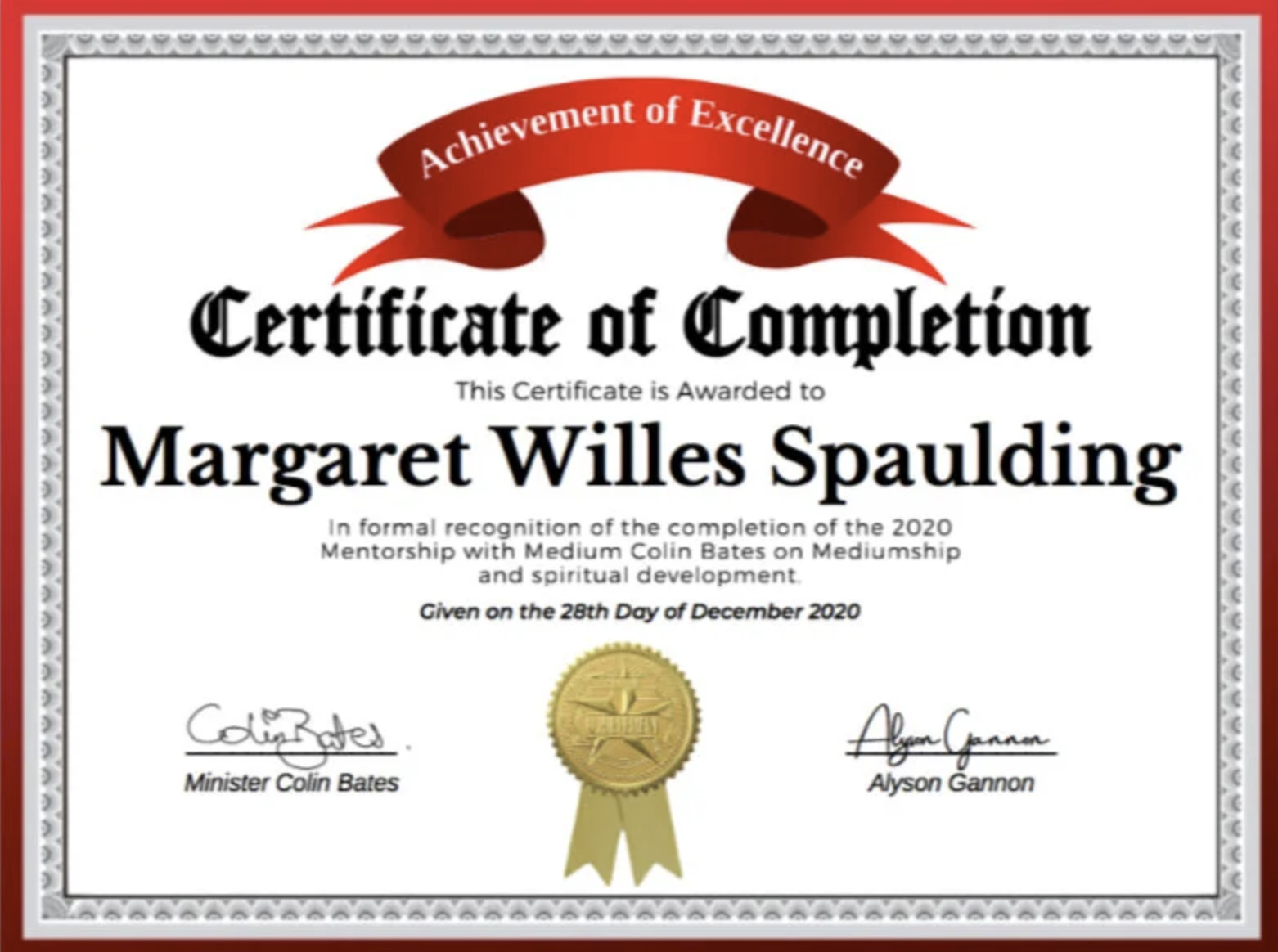 Certificate of completion awarded to Margaret Willes Spaulding for 2020 mentorship with Medium Colin Bates on mediumship and spiritual development, given on December 28, 2020, with signatures from Minister Colin Bates and Alyson Gannon, and a gold medal emblem.