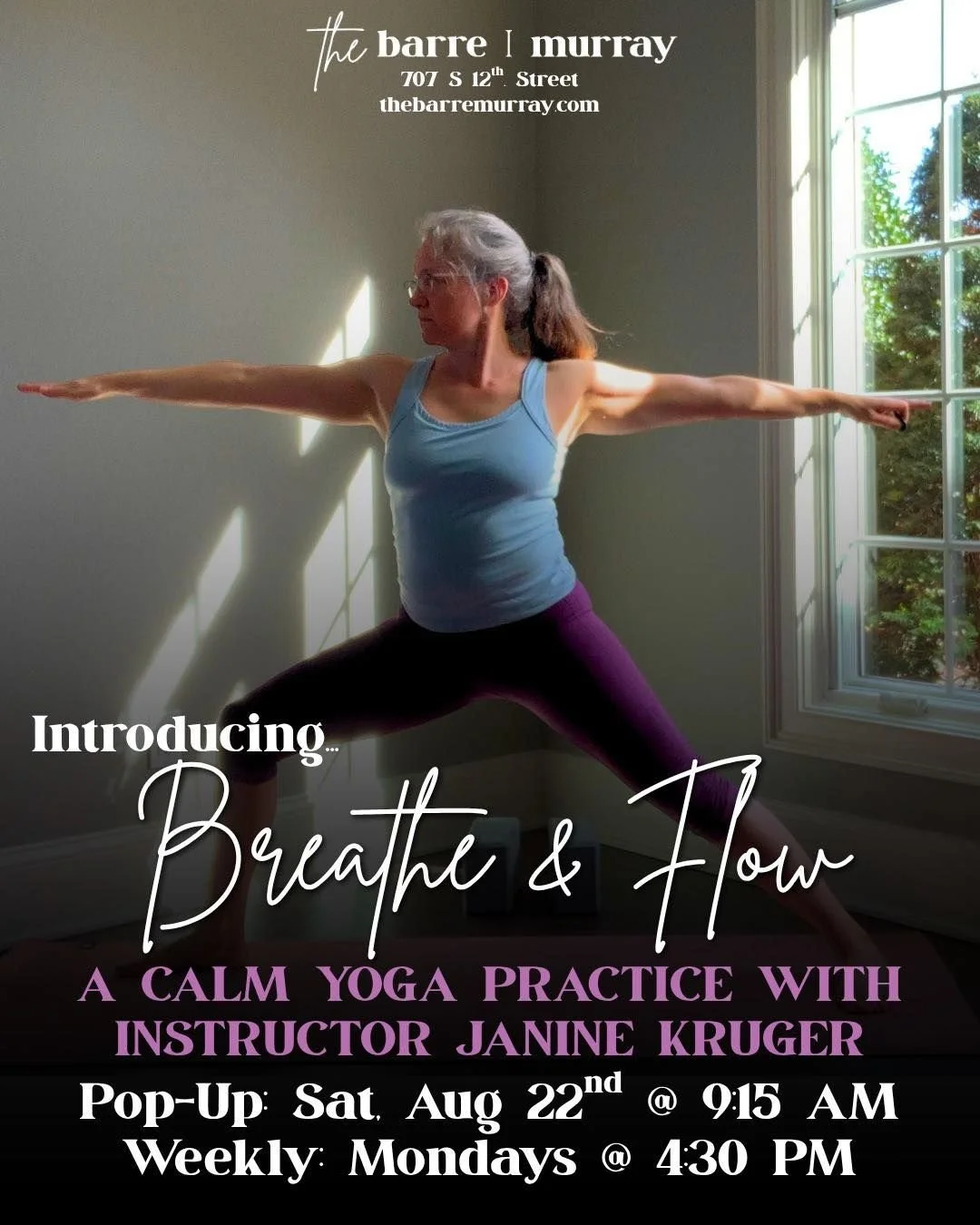 There&rsquo;s a new class(and instructor 😉) on our horizon 🌅

Introducing Breathe &amp; Flow Yoga with Janine(RYT-200), a calm yoga practice that focuses on linking breath with movement in order to balance the body and mind.

Pop-up class Saturday,