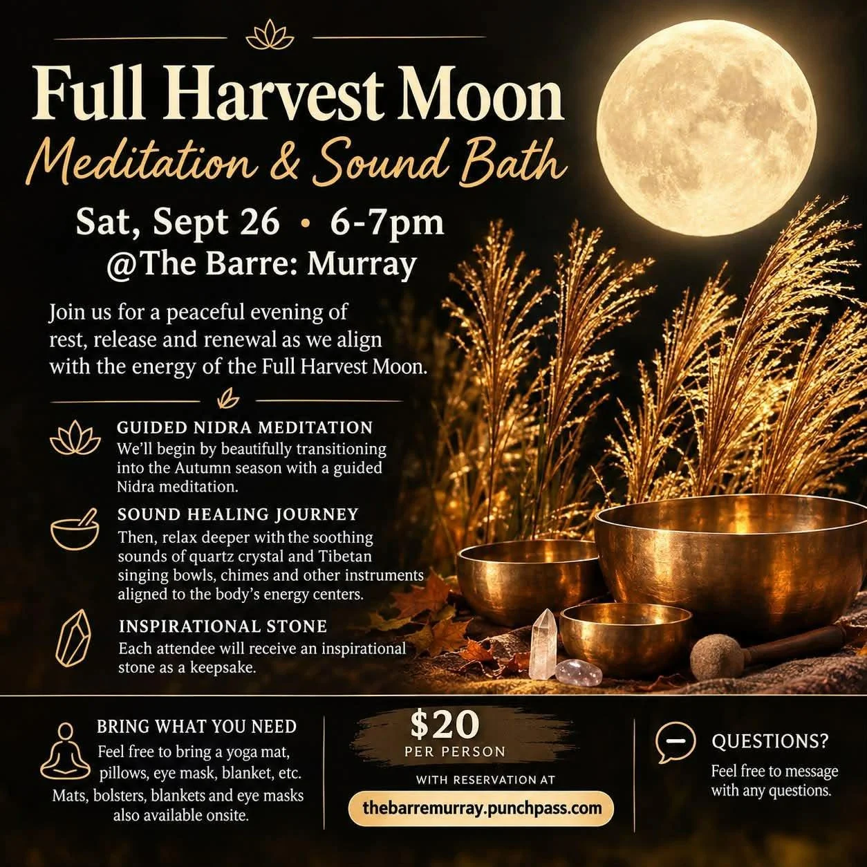 It may not feel like it yet but 🍁🍂fall🍂🍁 is coming soon&hellip;with that in mind, our monthly sound bath will focus on the Full Harvest Moon

🗓️Full Harvest Moon Meditation &amp; Sound Bath 🕰️Saturday Sept 26, 6:00-7:00pm. 

From our instructor