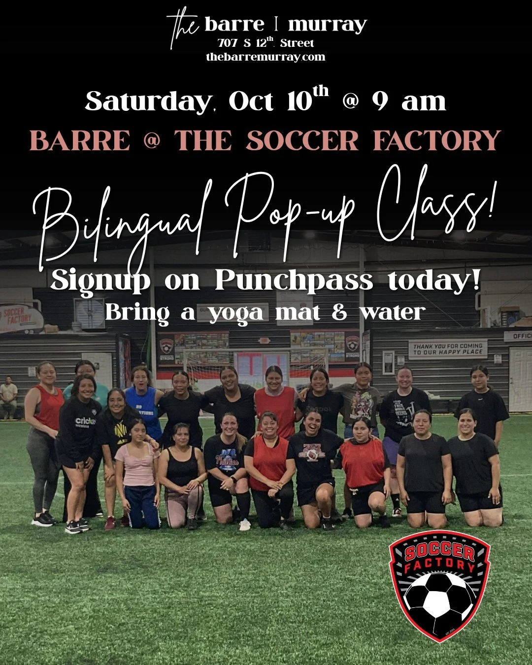 We&rsquo;re taking The Barre Murray on the road for a Bilingual Barre Pop-Up at The @soccerfactoryky in Mayfield, KY! 💪

This full-body, ballet-inspired workout combines low-impact, high-repetition movements with a focus on proper form and alignment