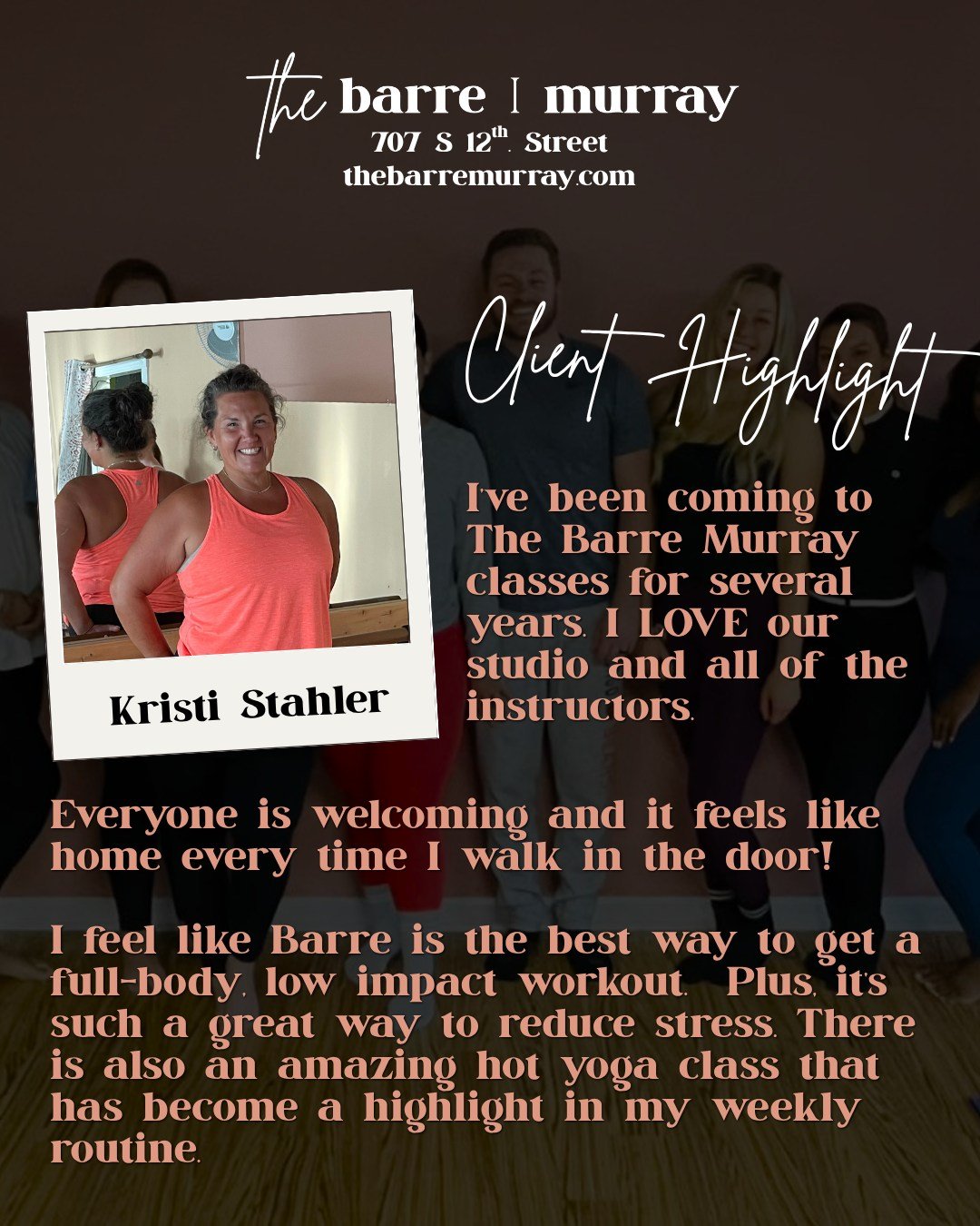 CLIENT HIGHLIGHT: KRISTI 🤍

Kristi has been part of The Barre Murray community for several years, and we&rsquo;re so happy she&rsquo;s here!

&ldquo;I LOVE our studio and all of the instructors. Everyone is welcoming and it feels like home every tim