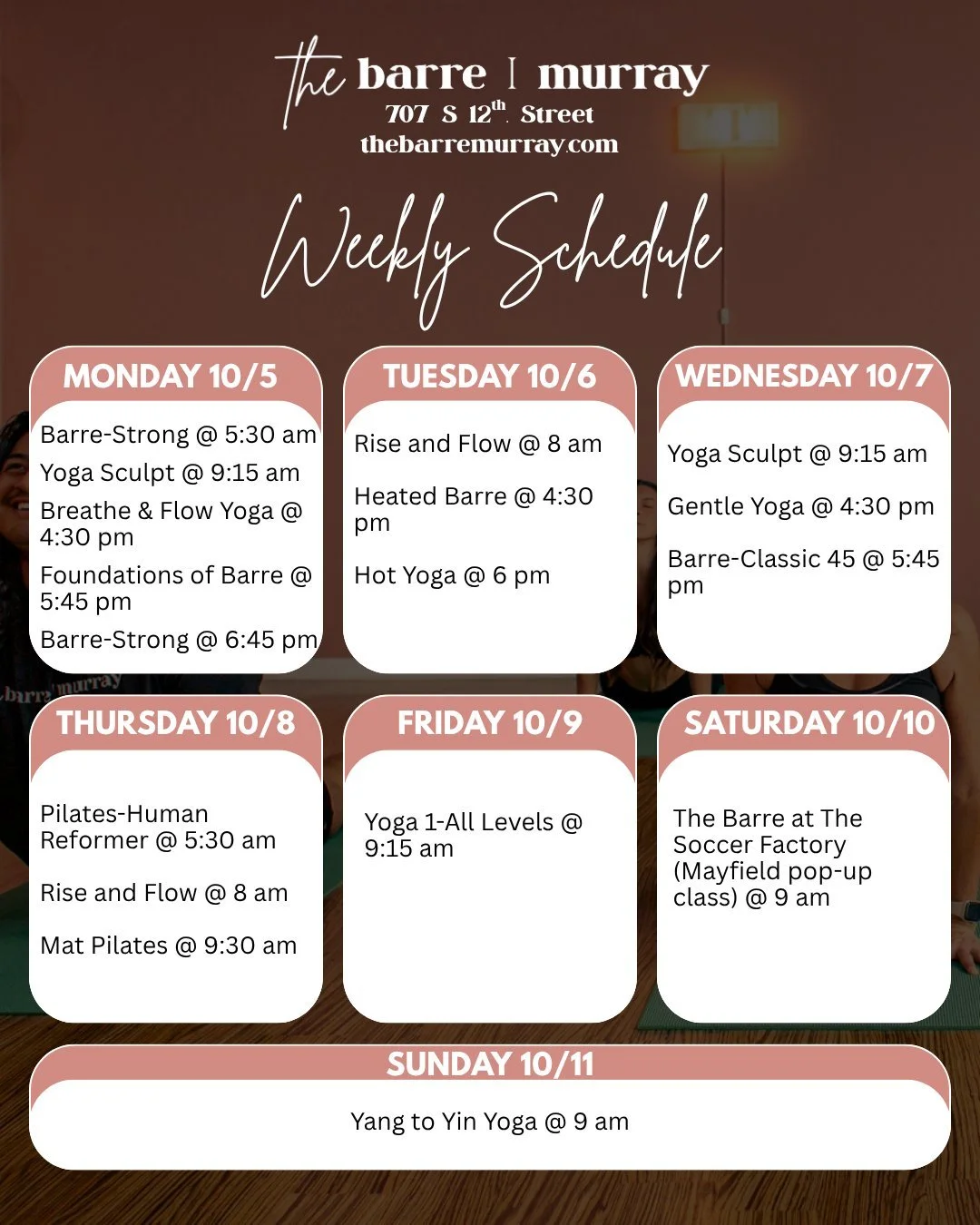 Fall Break is here, and we&rsquo;ve got a few schedule changes to keep in mind! 🧘&zwj;♀️🧘&zwj;♂️

Whether you&rsquo;re staying in town, have the kids home, or just looking for a little extra time to move this week, check out the schedule and find a
