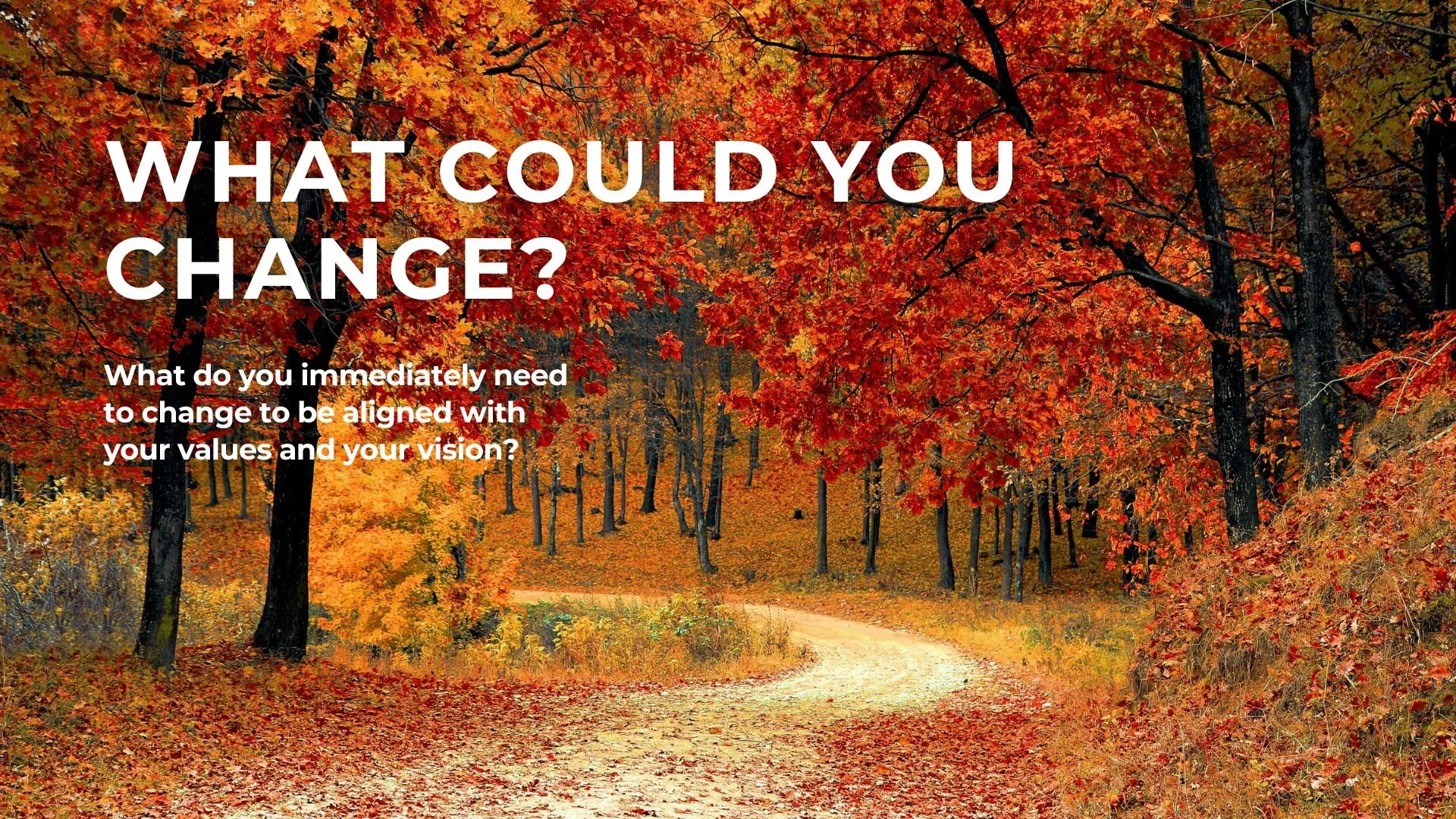Autumn forest with trees and orange, red, yellow leaves, with a winding dirt path and overlaid text asking about personal change. Question reads, "what could you change?"